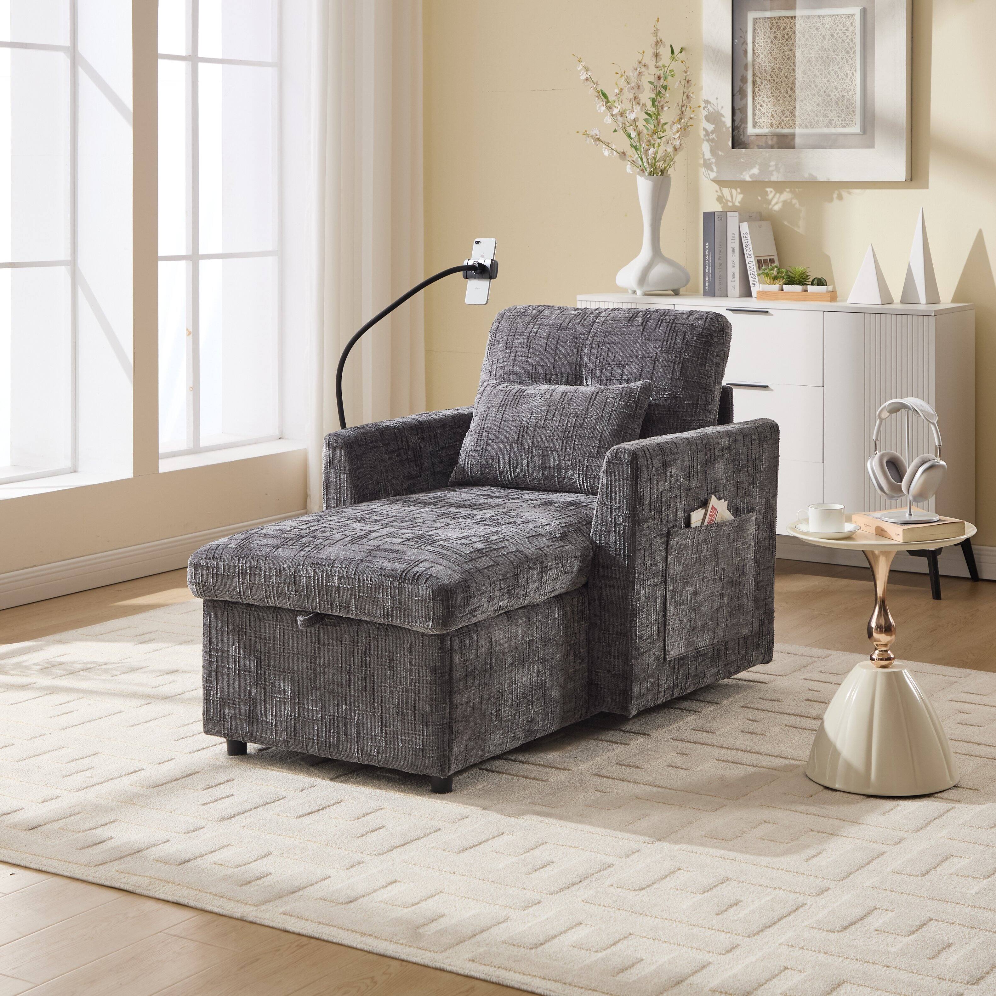 Left. Trinkets Crazed - Lazy Person Sofa Couch, Multifunctional Chenille Single Leisure Chair with Storage Backrest, Cell Phone Bracket - Gray.