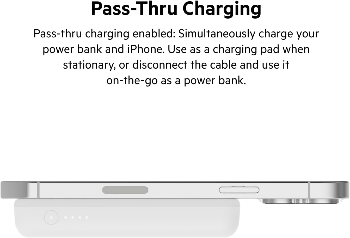 Pass-Thru Charging

Pass-thru charging enabled: Simultaneously charge your power bank and iPhone. Use as a charging pad when stationary, or disconnect the cable and use it on-the-go as a power bank.