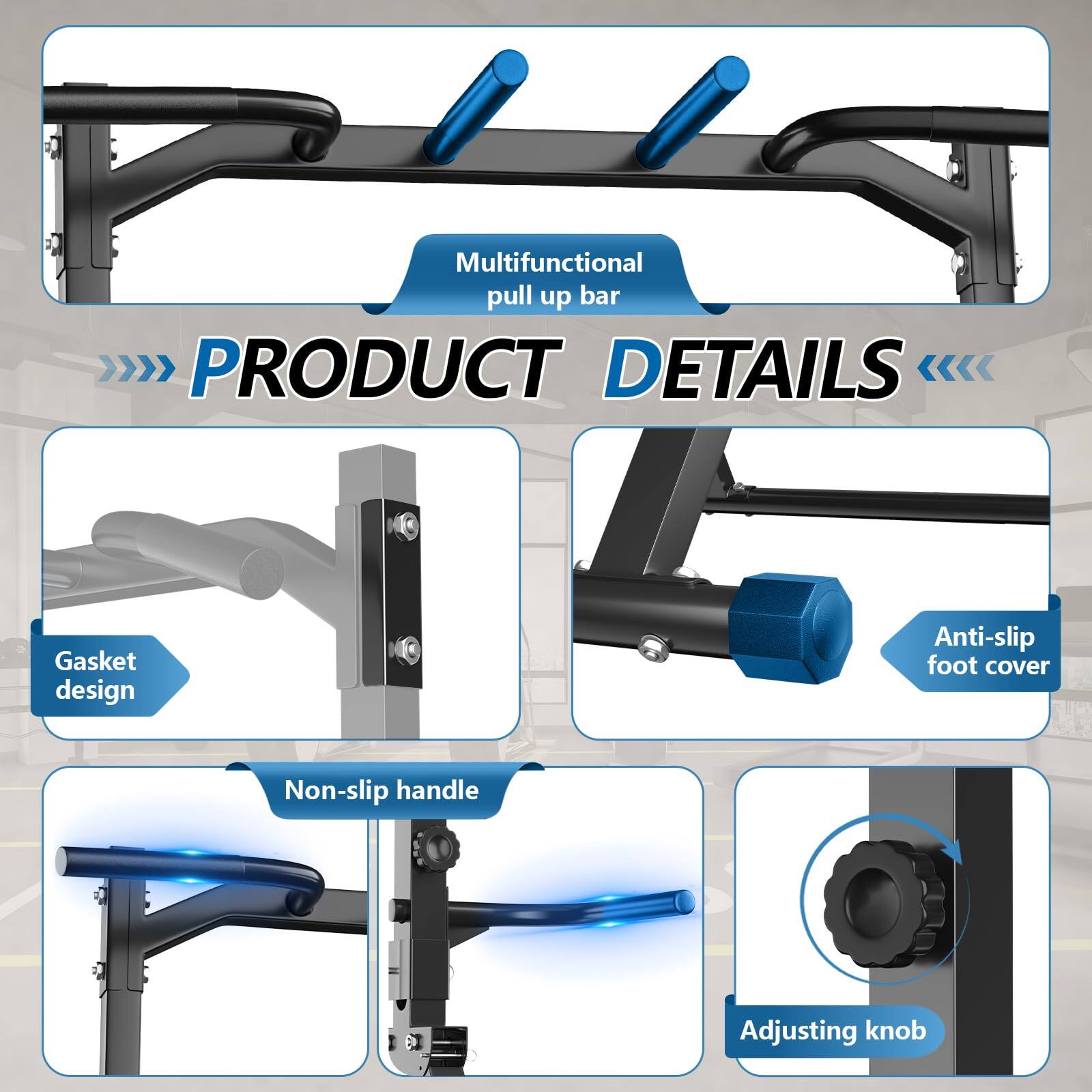 Multifunctional pull up bar

PRODUCT DETAILS

- Gasket design
- Anti-slip foot cover
- Non-slip handle
- Adjusting knob