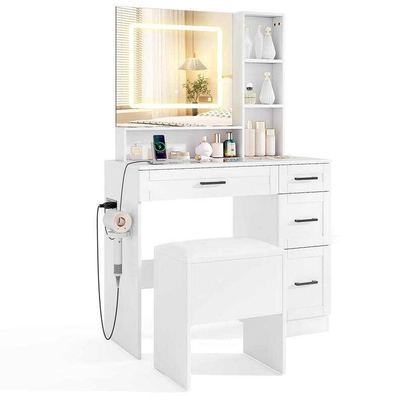 Front. WELLFOR - Makeup Vanity with 3 Color Lighted Mirror & Glass Tabletop, Modern Vanity Desk Set with Drawers & Storage Stool - White.