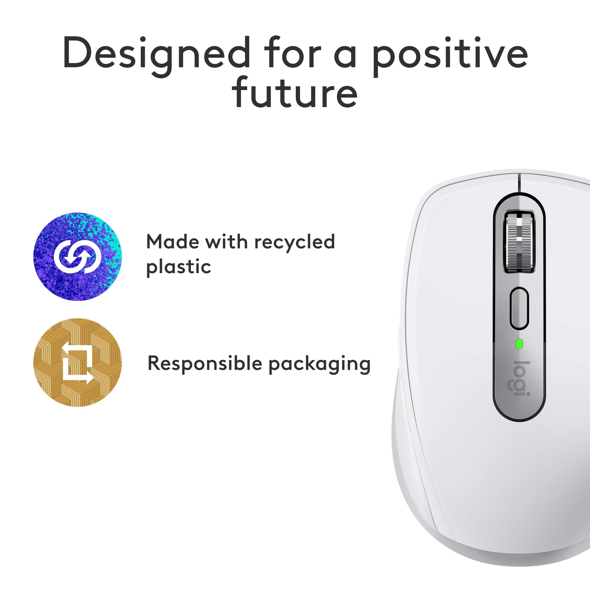 Designed for a positive future Made with recycled plastic Responsible packaging logitech