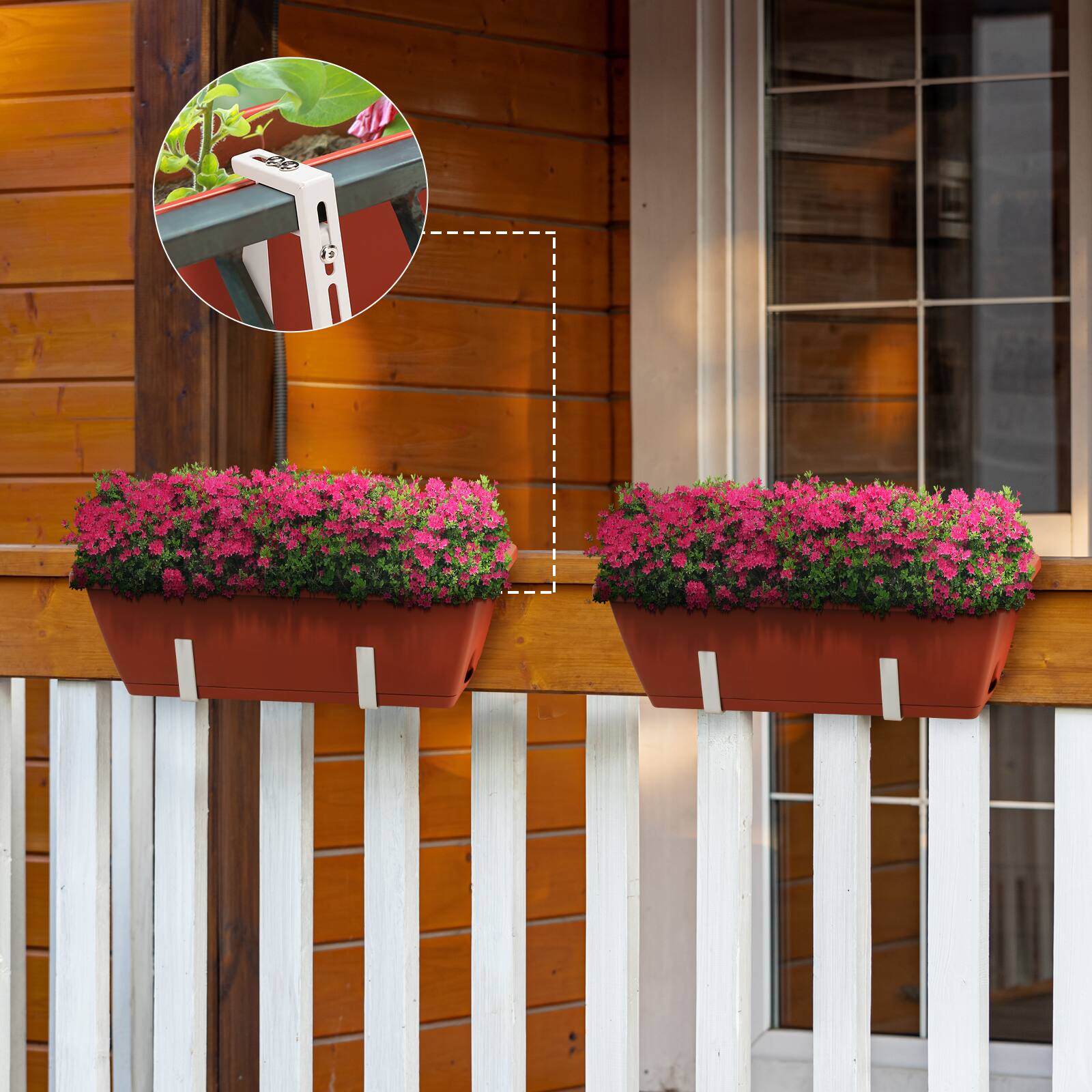 Back. Oumilen - 6PCS Adjustable Railing Planter Box Set, Terracotta with White Brackets.