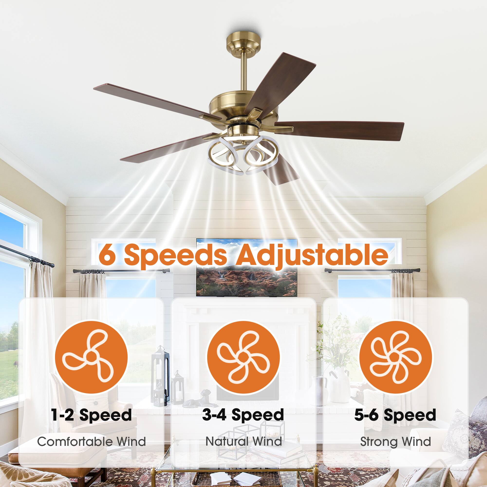 6 Speeds Adjustable

1-2 Speed  
Comfortable Wind

3-4 Speed  
Natural Wind

5-6 Speed  
Strong Wind