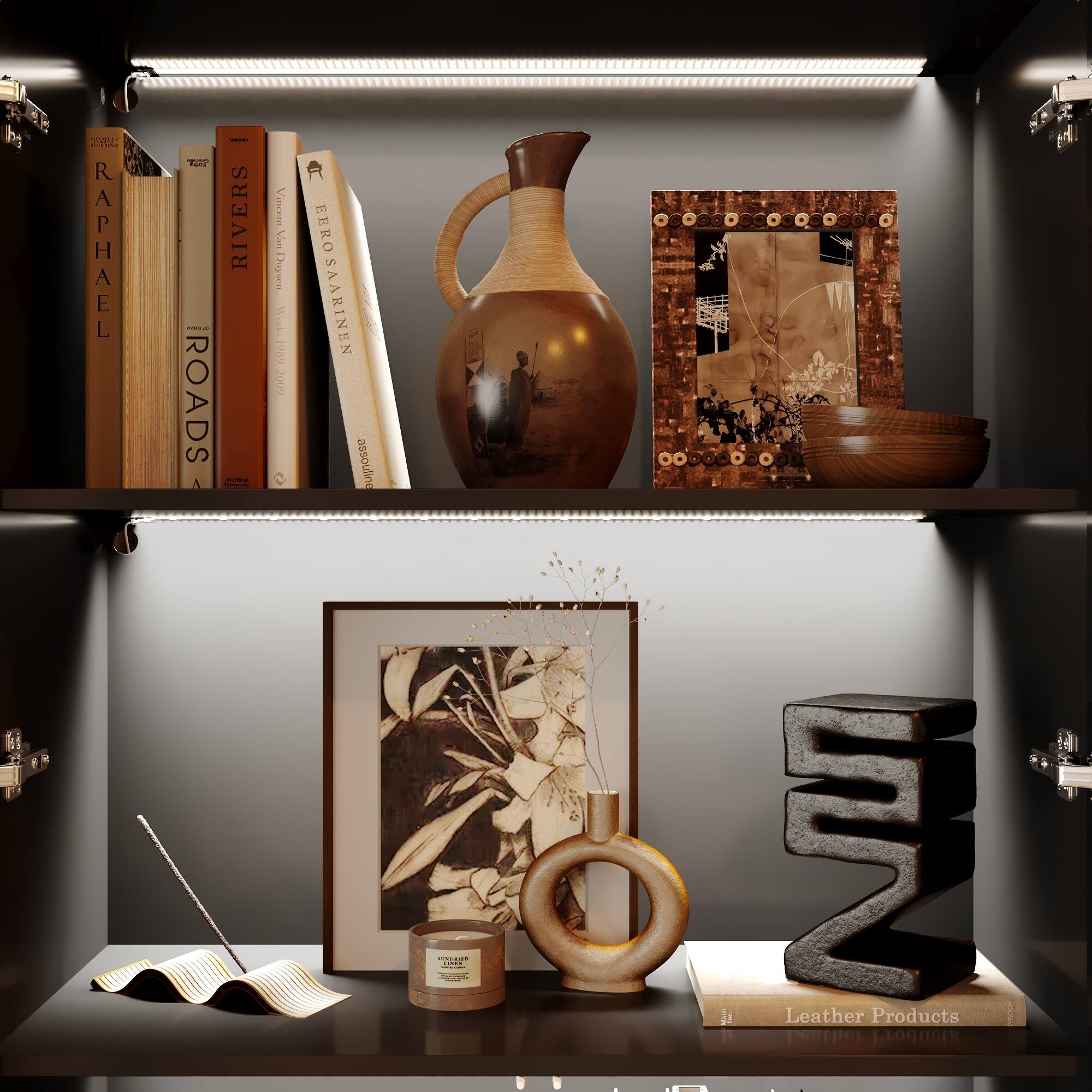 Sure, here is the corrected and grouped text from the image:

---

**Top Shelf:**

- RAPHAEL
- SNEAK
- Vincent Van Gogh
- EROSARLIEEN
- EERO SAARINEN
- assouline
- Leather Products

**Middle Shelf:**

- Leather Products

**Bottom Shelf:**

- Leather Products

---

This text is derived from the visible titles and words on the books and items in the image.