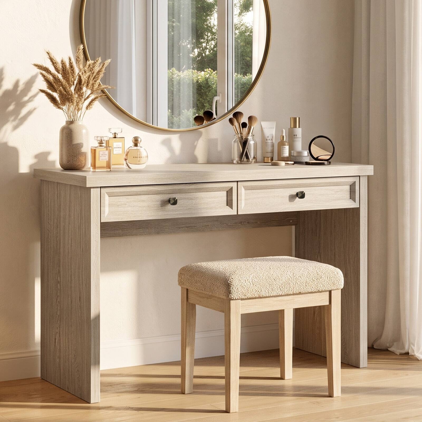 Back. Bestier - 47 Inch Office Writing Desk with Power Outlet Heavy Duty Thick Desktop 2 Drawers Vanity Console Table - Sunlit Oak.