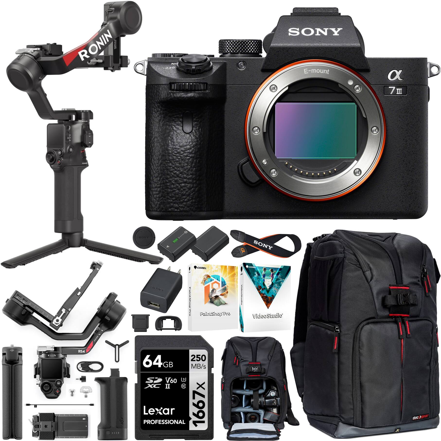 - RONIN SONY E-mount
- SONY α7 III
- 64GB 250 MB/s V60 U3 1667x Lexar PROFESSIONAL
- VideoStudio Pro
- PaintShop Pro
- RONIN 2
- SONY Camera Bag
- Various accessories (batteries, chargers, cables, etc.)