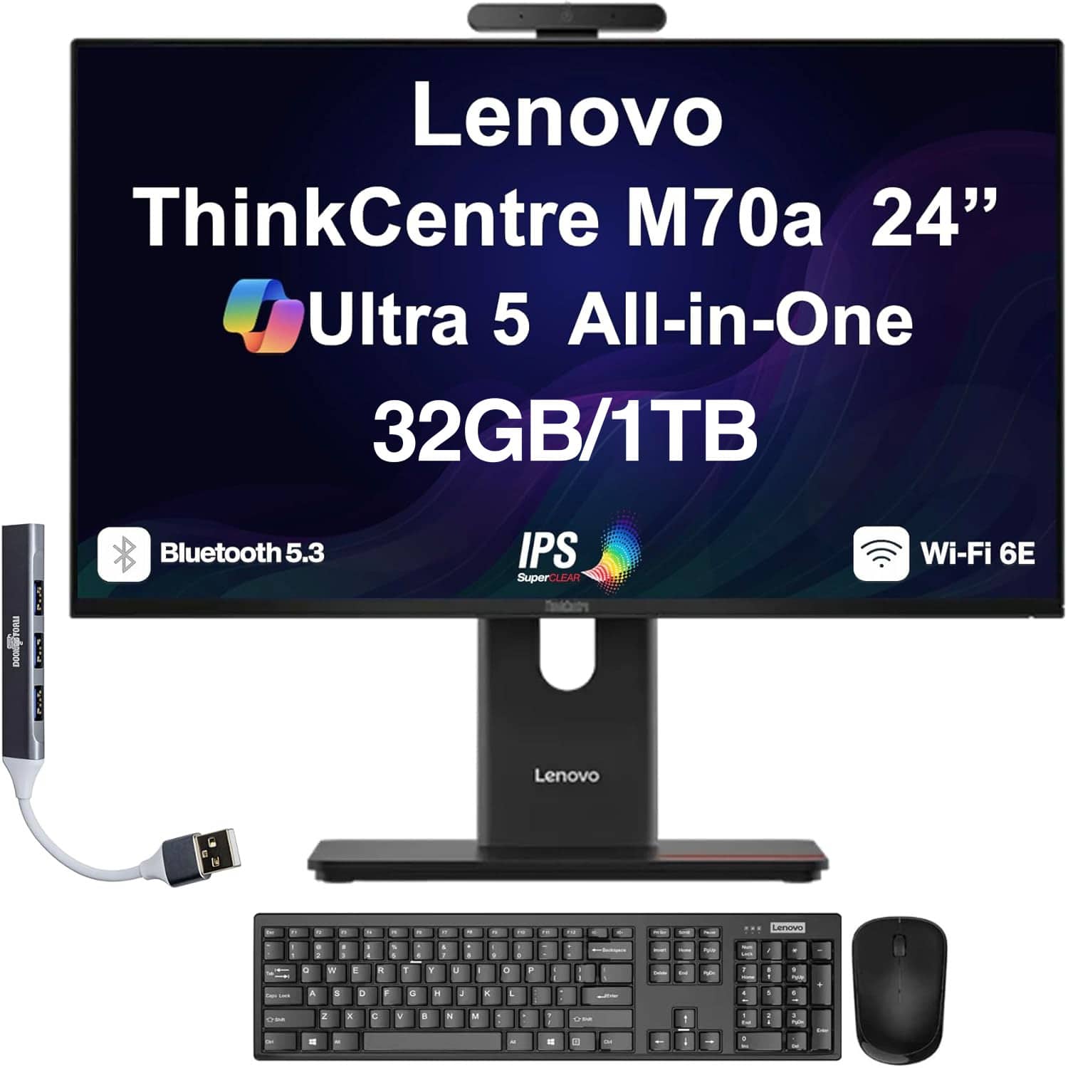 Lenovo - Upgraded - ThinkCentre M70a All-in-One 24 FHD Display (Ultra 5 245T vPro, 32GB, 1TB SSD, Intel Graphics, Win 11 Pro) w/USB Hub - Black