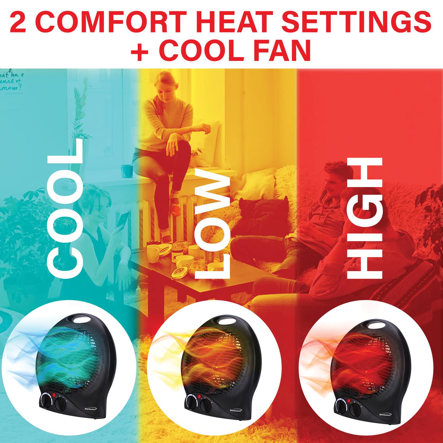 2 COMFORT HEAT SETTINGS + COOL FAN

COOL  
LOW  
HIGH