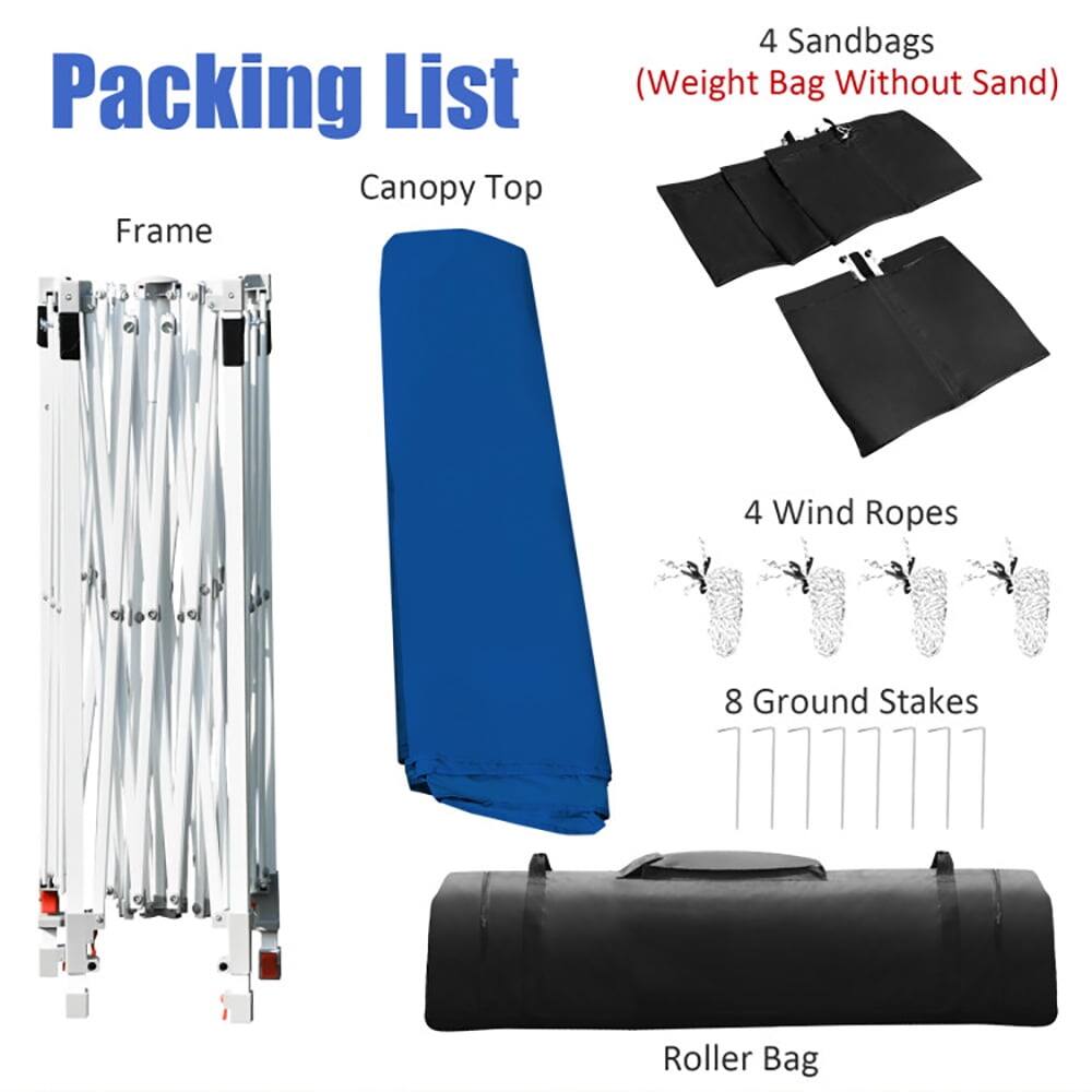 Packing List  
- Frame  
- Canopy Top  
- 4 Sandbags (Weight Bag Without Sand)  
- 4 Wind Ropes  
- 8 Ground Stakes  
- Roller Bag