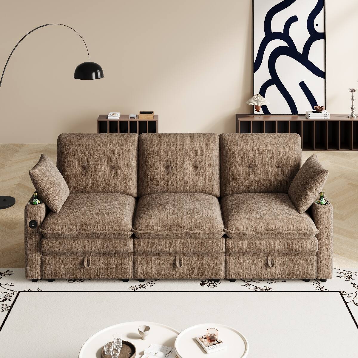 Left. Ropilly - Ropilly 89 Inch 3 Seater Sofa, Chenille Cloud Sofa with Storage Sofa with USB Ports, Coffee - Coffee.