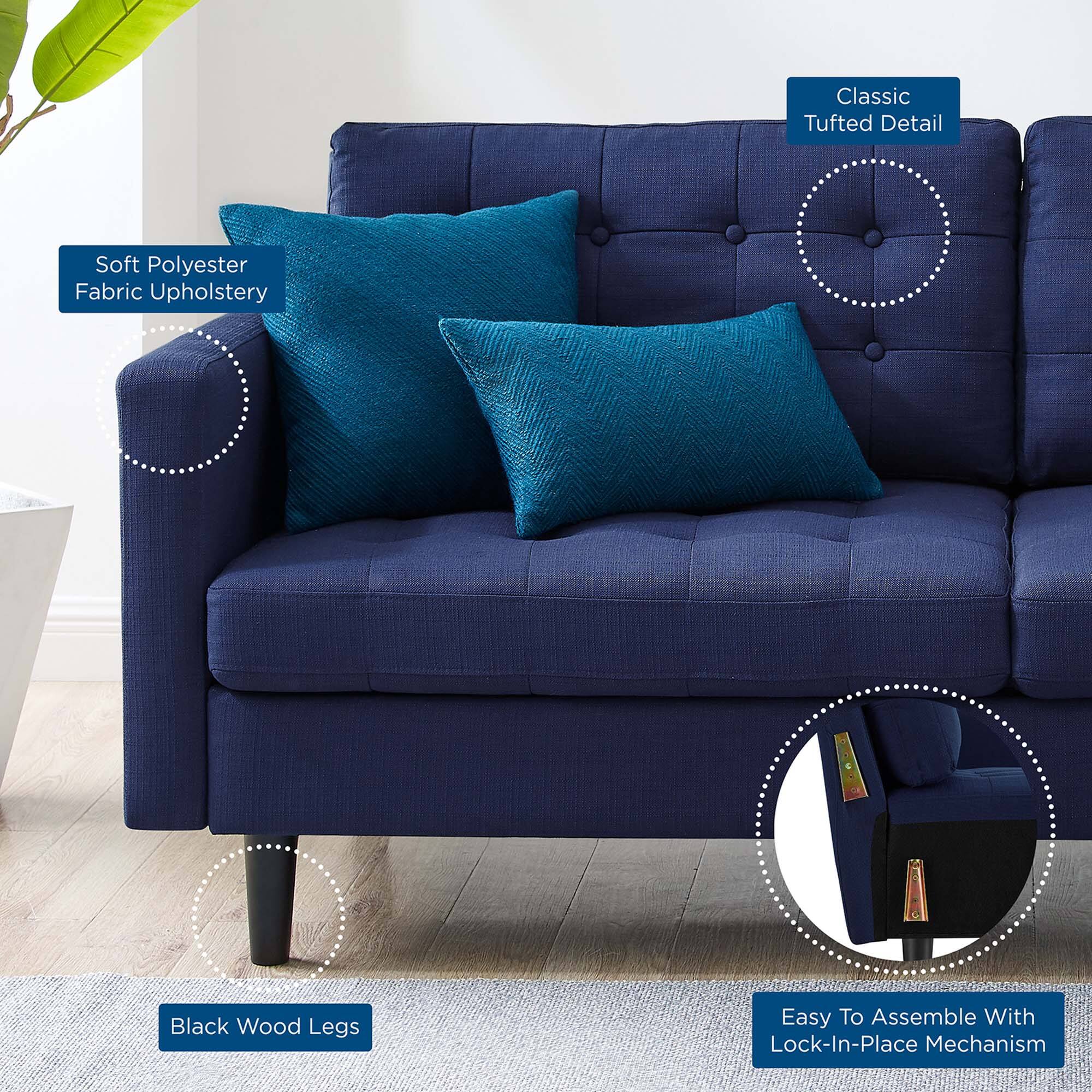 Classic Tufted Detail  
Soft Polyester Fabric Upholstery  
Black Wood Legs  
Easy To Assemble With Lock-In-Place Mechanism