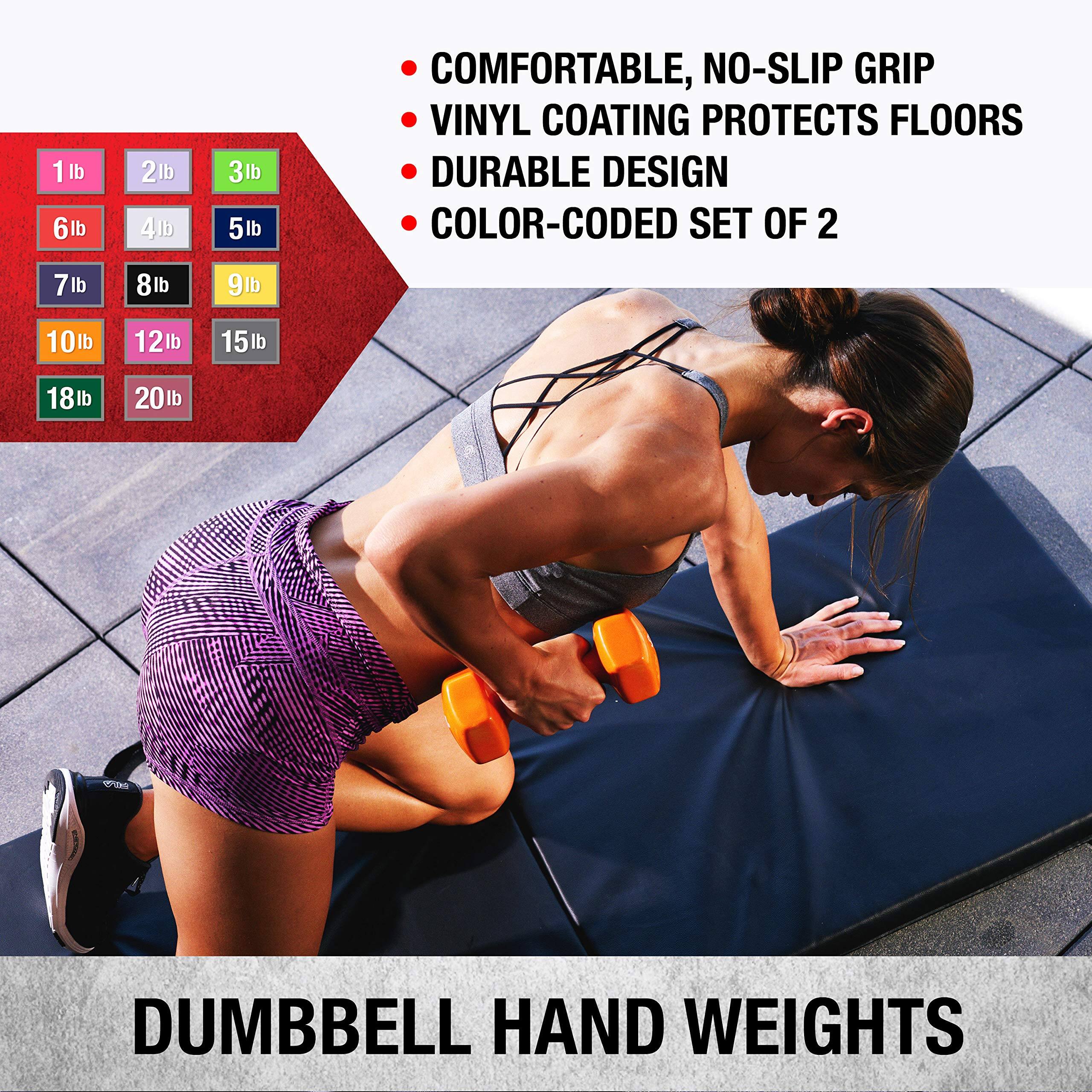 1lb 2lb 3lb 4lb 5lb 6lb 7lb 8lb 9lb 10lb 12lb 15lb 18lb 20lb

COMFORTABLE, NO-SLIP GRIP
VINYL COATING PROTECTS FLOORS
DURABLE DESIGN
COLOR-CODED SET OF 2

DUMBBELL HAND WEIGHTS