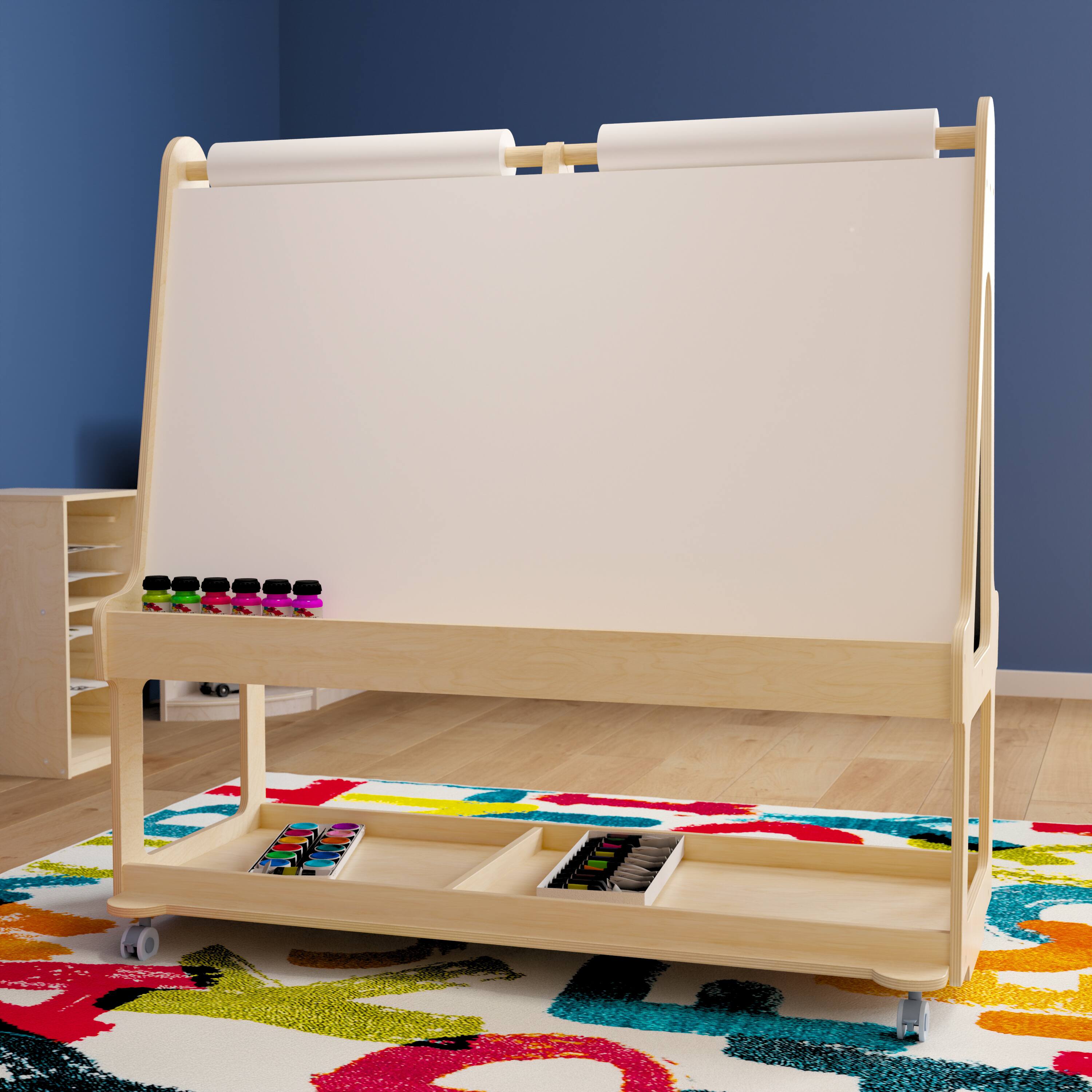 Alt View 1. Flash Furniture - Bright Beginnings Commercial Wooden Mobile Dual Sided 4 Person Art Station with Locking Caster Wheels and Bottom Shelf S - Natural.