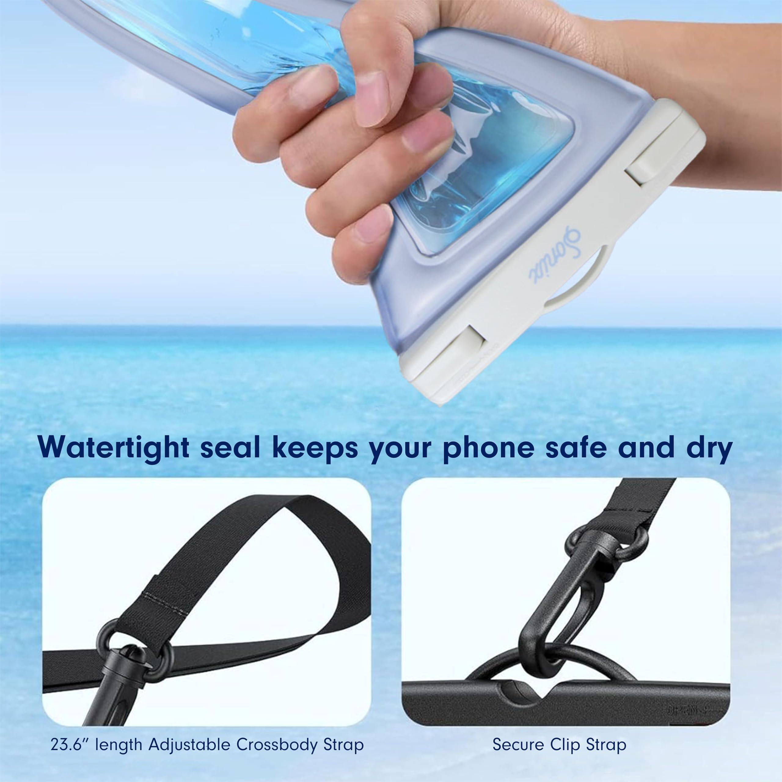 Waterproof seal keeps your phone safe and dry

23.6" length Adjustable Crossbody Strap

Secure Clip Strap