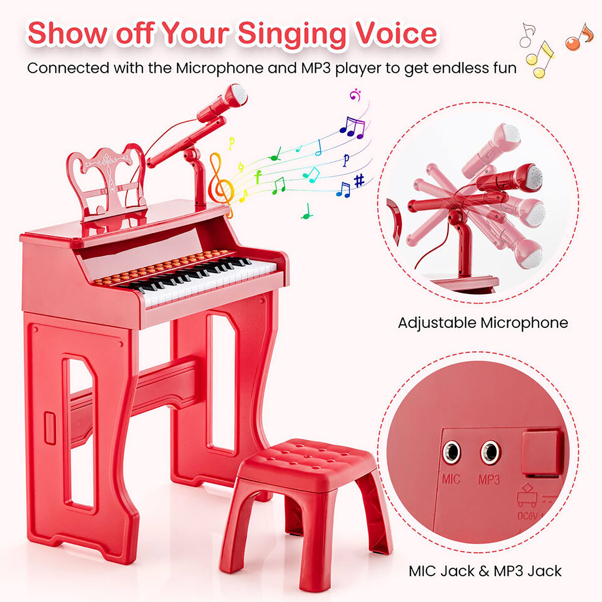 Show off Your Singing Voice  
Connected with the Microphone and MP3 player to get endless fun  

Adjustable Microphone  

MIC Jack & MP3 Jack