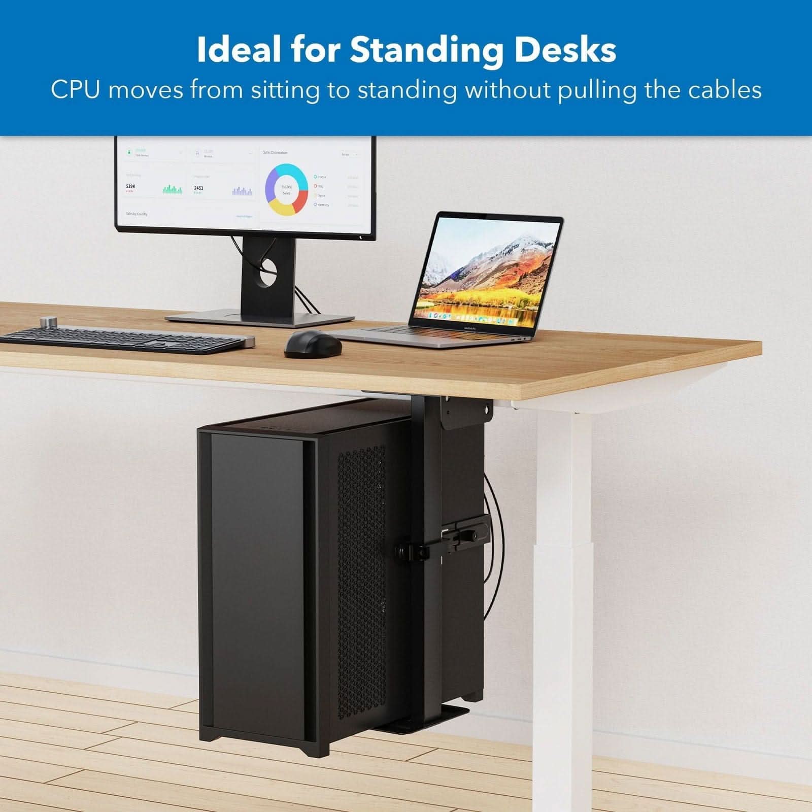 Ideal for Standing Desks  
CPU moves from sitting to standing without pulling the cables