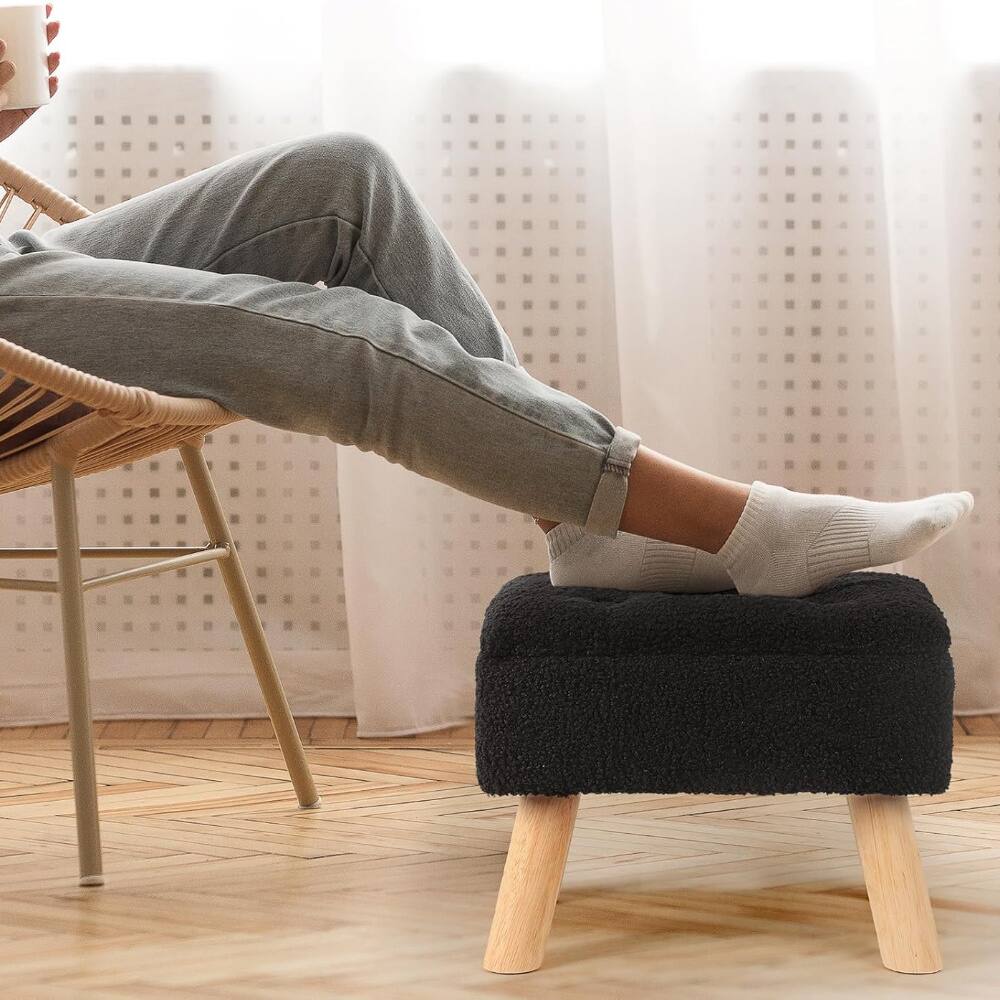 Alt View 2. Oumilen - Black Tufted Teddy Fleece Storage Ottoman – 4 Natural Wood Legs Multifunctional Bench for Entryway Bedroom - Black.