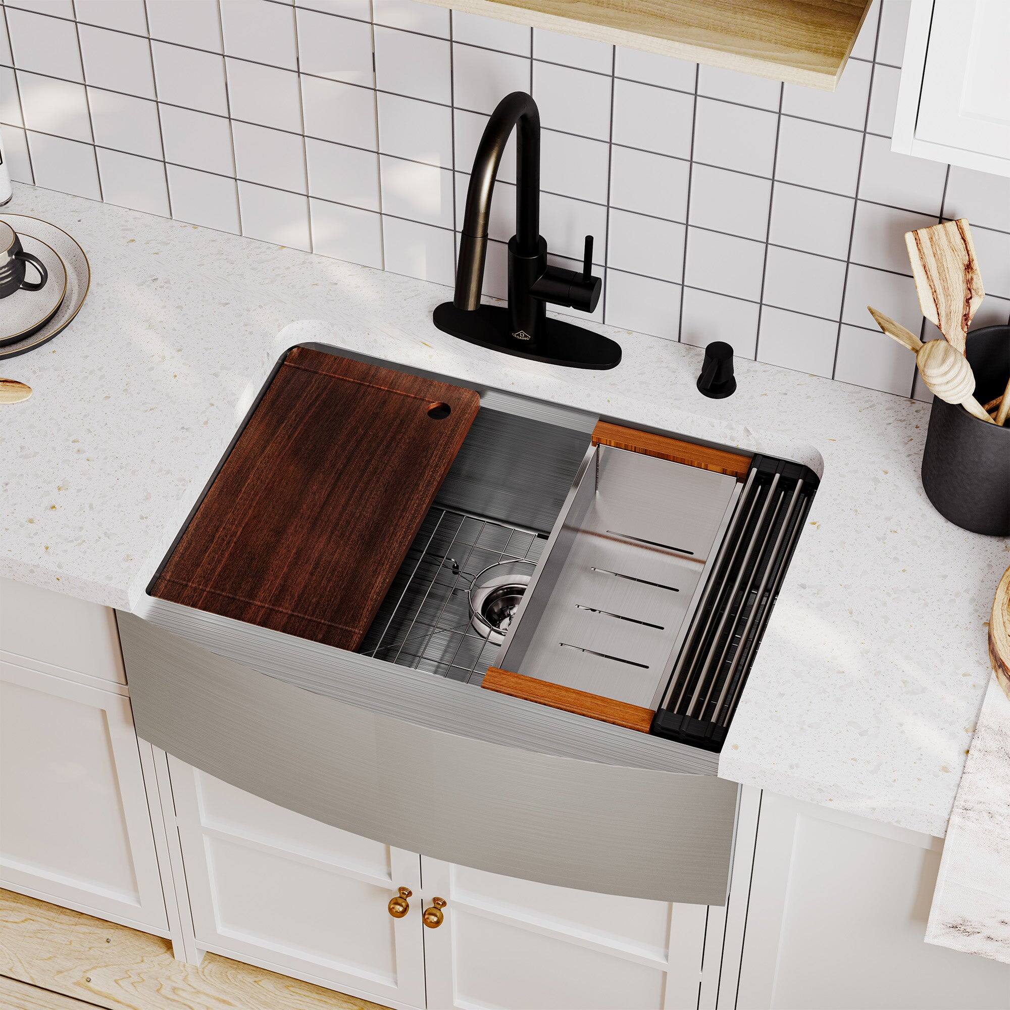 Alt View 2. Boyel Living - 33 in. Farmhouse/Apron-Front Single Bowl Brushed 18-Gauge Stainless Steel Kitchen Sink with Accessories - Silver.