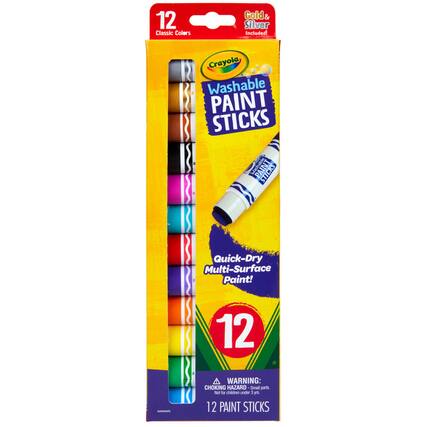 12 Classic Colors, Gold & Silver Included! Crayola Washable Paint Sticks. Quick-Dry Multi-Surface Paint! 12 Paint Sticks. Warning: Choking Hazard - Small parts. Not for children under 3 years.