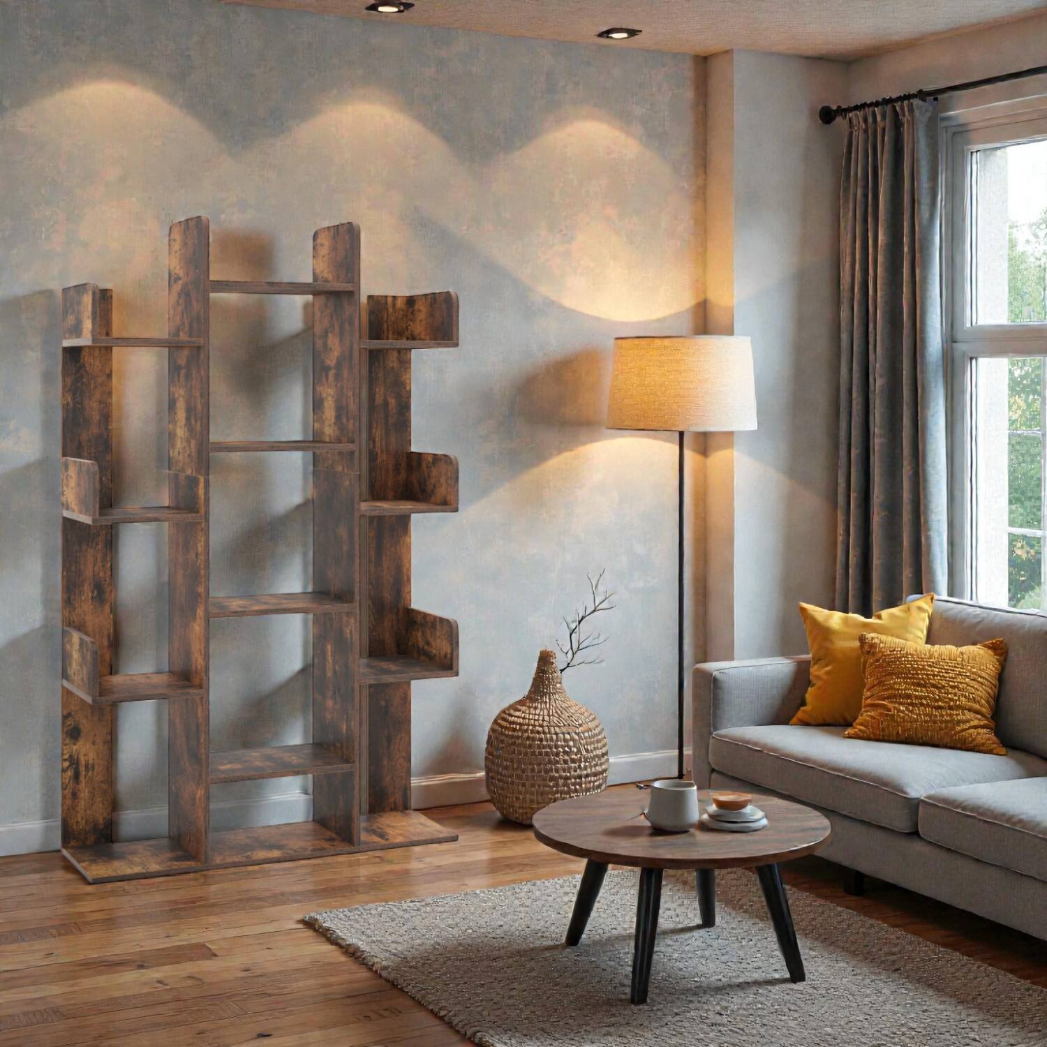 Front. Hivvago - Artistic Tree-Form Display Shelf with 13 Storage Units - Rustic Brown.