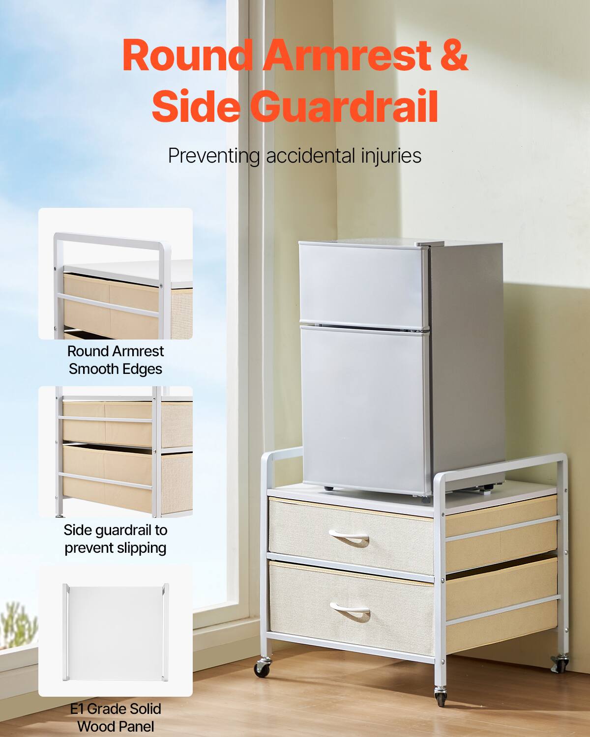 Round Armrest & Side Guardrail
Preventing accidental injuries
Round Armrest Smooth Edges
Side guardrail to prevent slipping
E1 Grade Solid Wood Panel