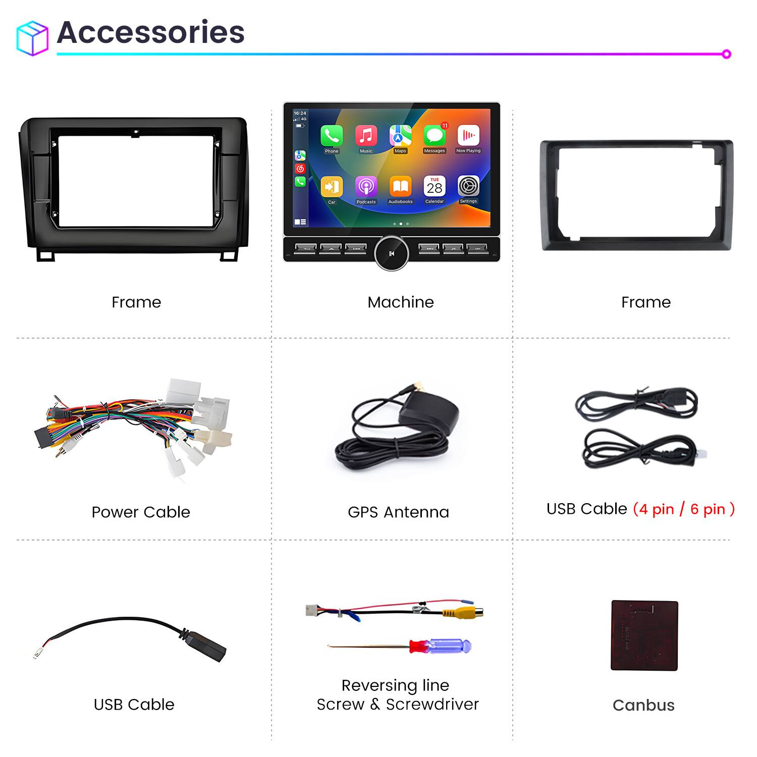 Accessories

- Frame
- Machine
- Frame
- Power Cable
- GPS Antenna
- USB Cable (4 pin / 6 pin)
- USB Cable
- Reversing line Screw & Screwdriver
- Canbus