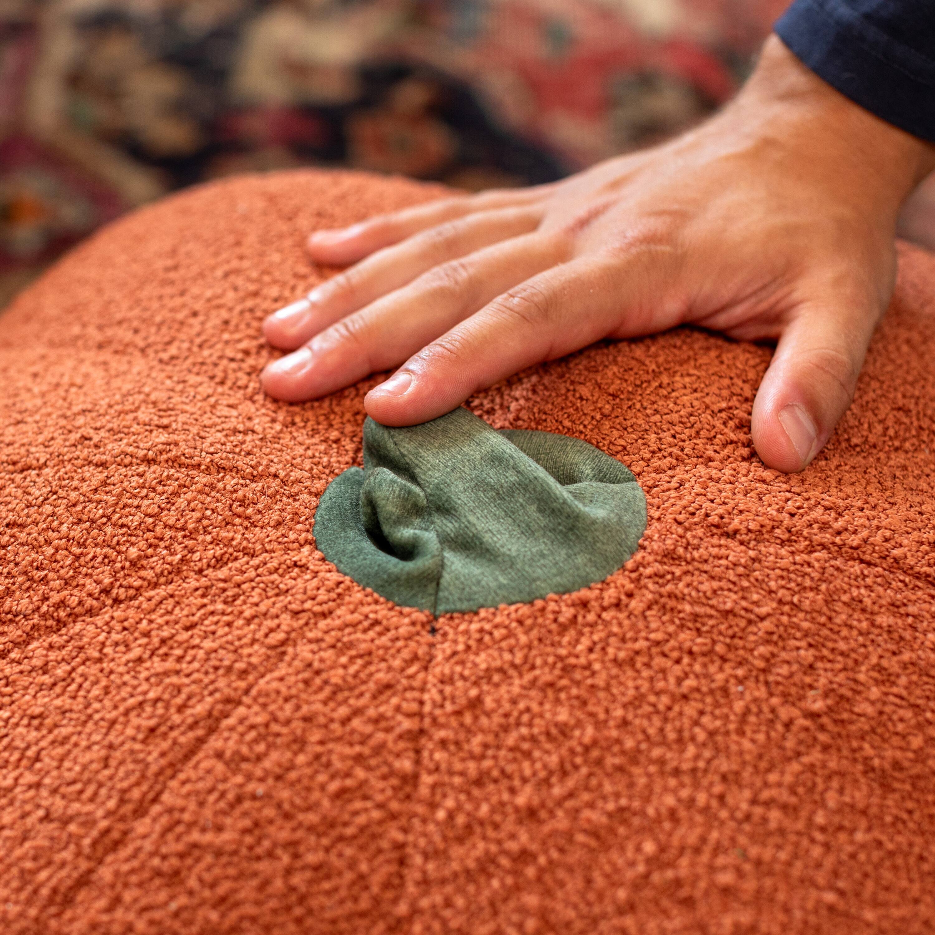 Back. Jaxx - Jaxx Pumpkin Pouf - Luxurious Ottoman for Fall & Halloween Décor - Boucle Terra Cotta - Sunbrella Flax.