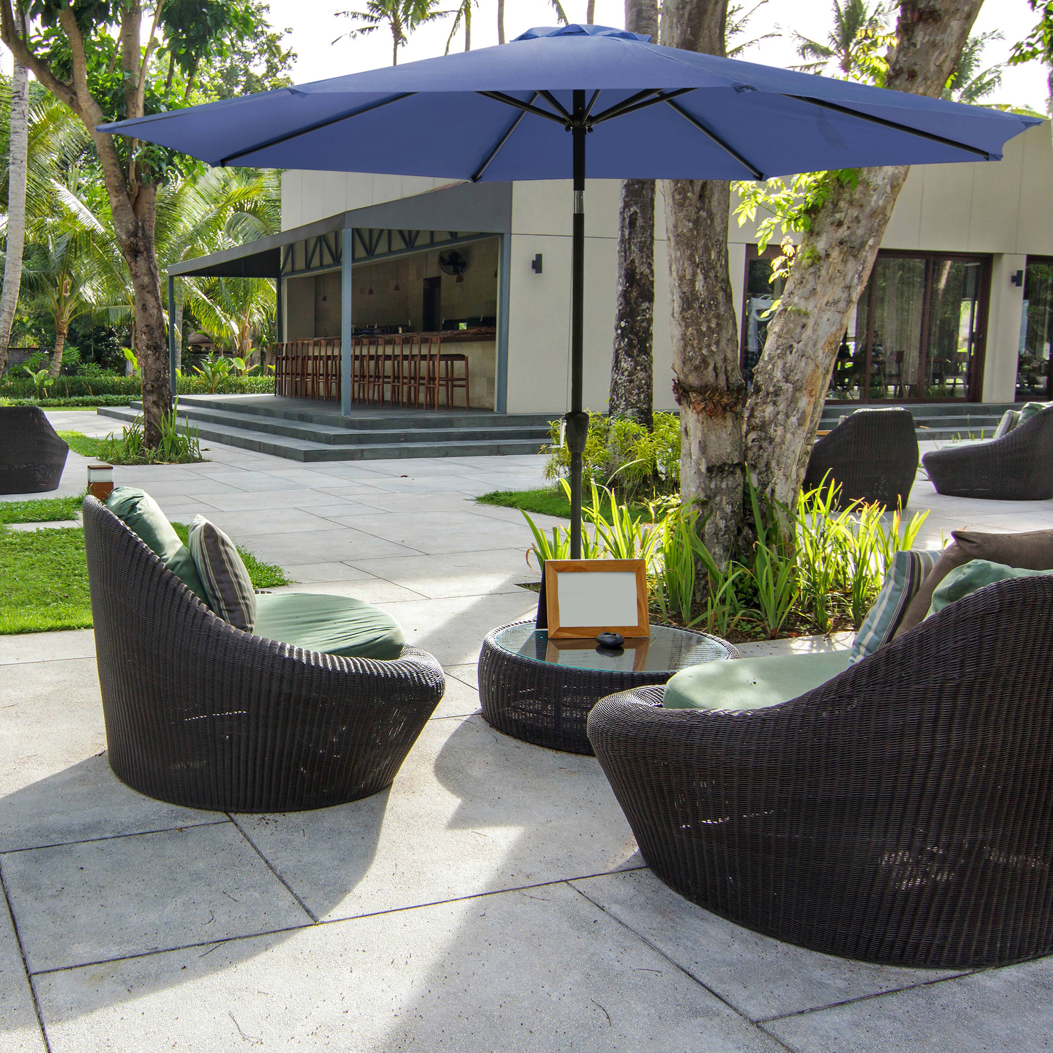 Left. Nuu Garden - Outdoor 10' Round Blue Patio Vented Umbrella, Crank, Push Button Tilt - Blue.