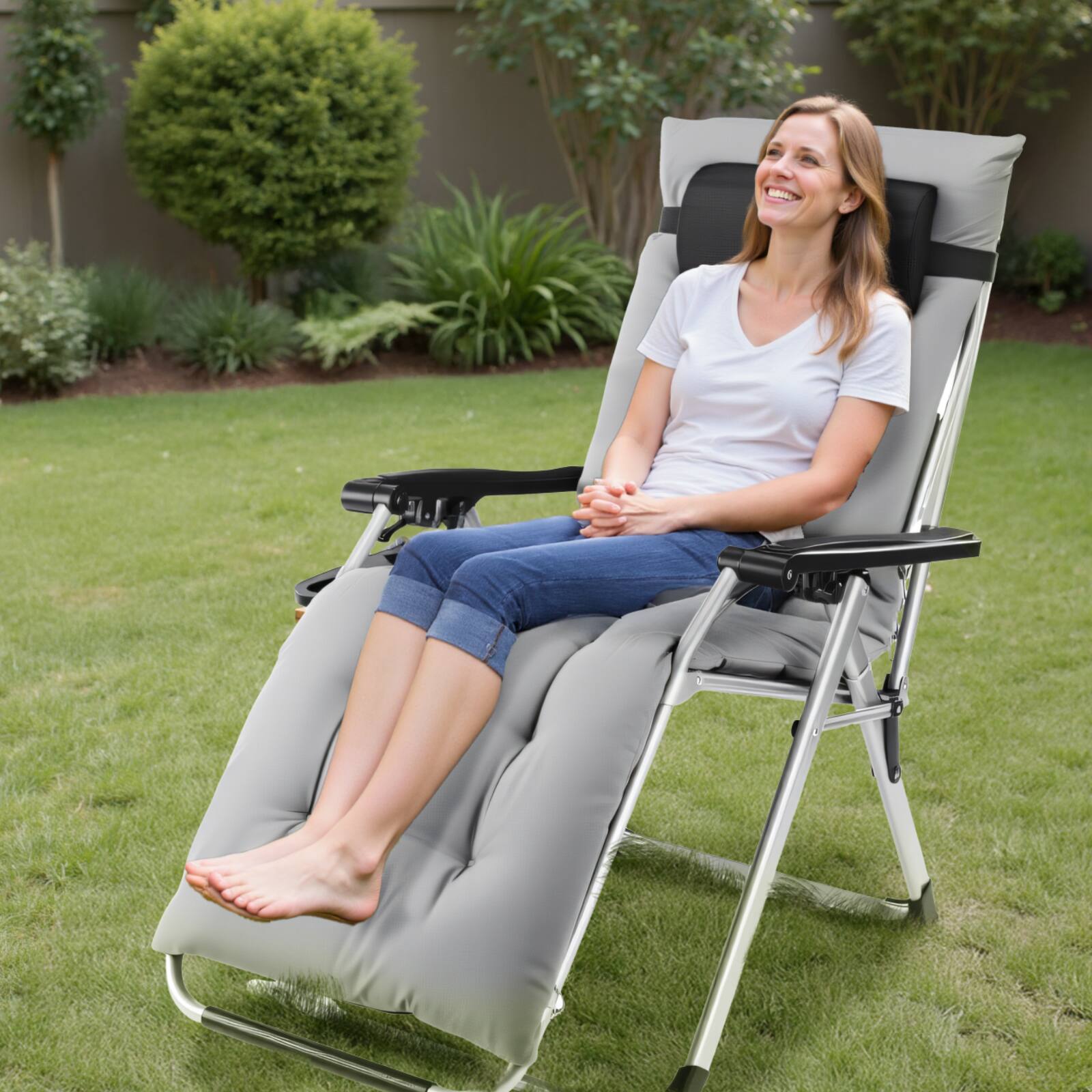 Alt View 4. Bestier - Zero Gravity Chair, Reclining Camping Lounge Chair for Indoor & Outdoor, with Cup Holder Tray & Removable Cushion - Grey.