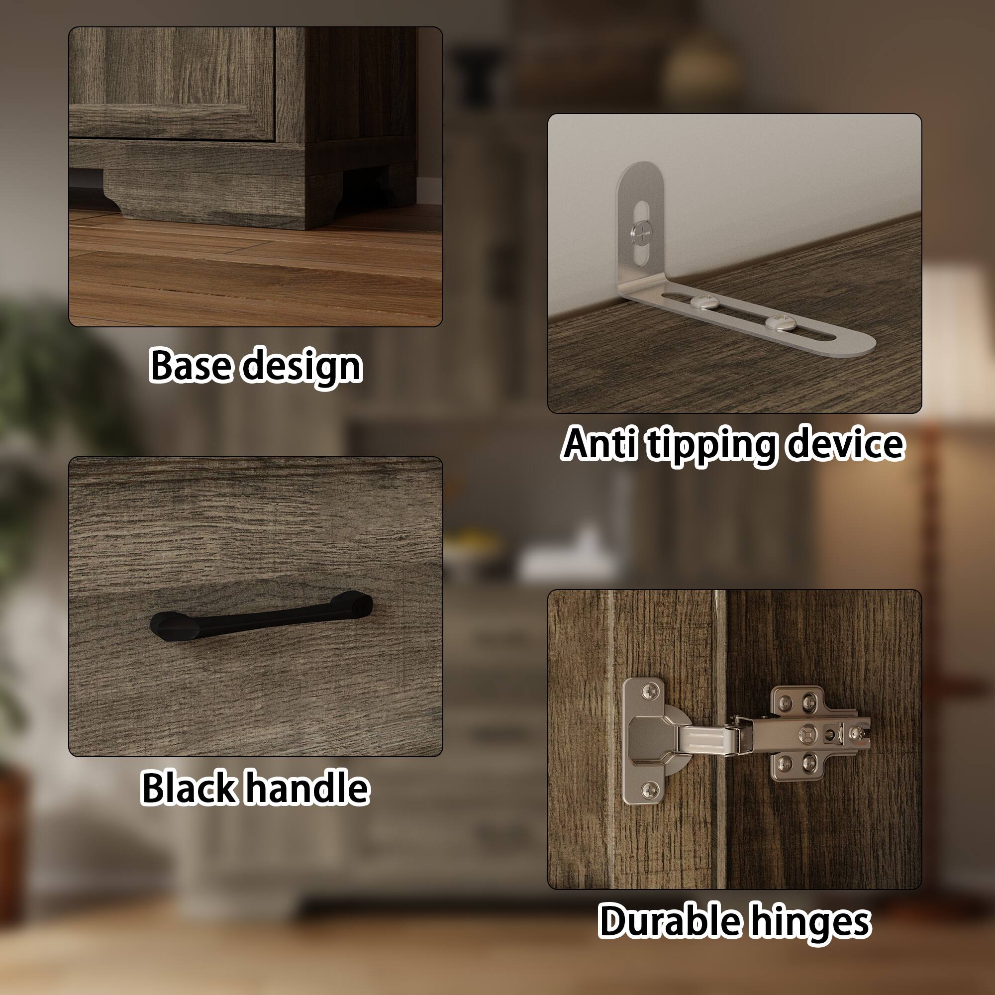 Base design, Anti tipping device, Black handle, Durable hinges