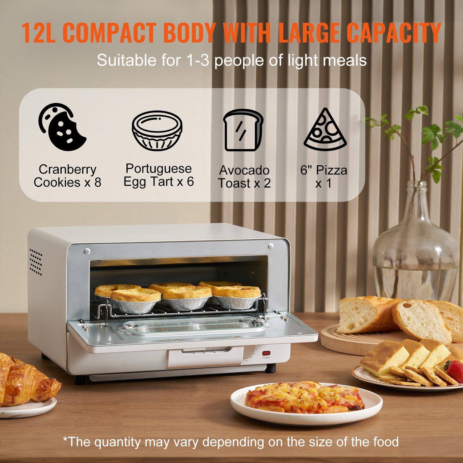 12L COMPACT BODY WITH LARGE CAPACITY  
Suitable for 1-3 people of light meals  

- Cranberry Cookies x 8  
- Portuguese Egg Tart x 6  
- Avocado Toast x 2  
- 6" Pizza x 1  

*The quantity may vary depending on the size of the food