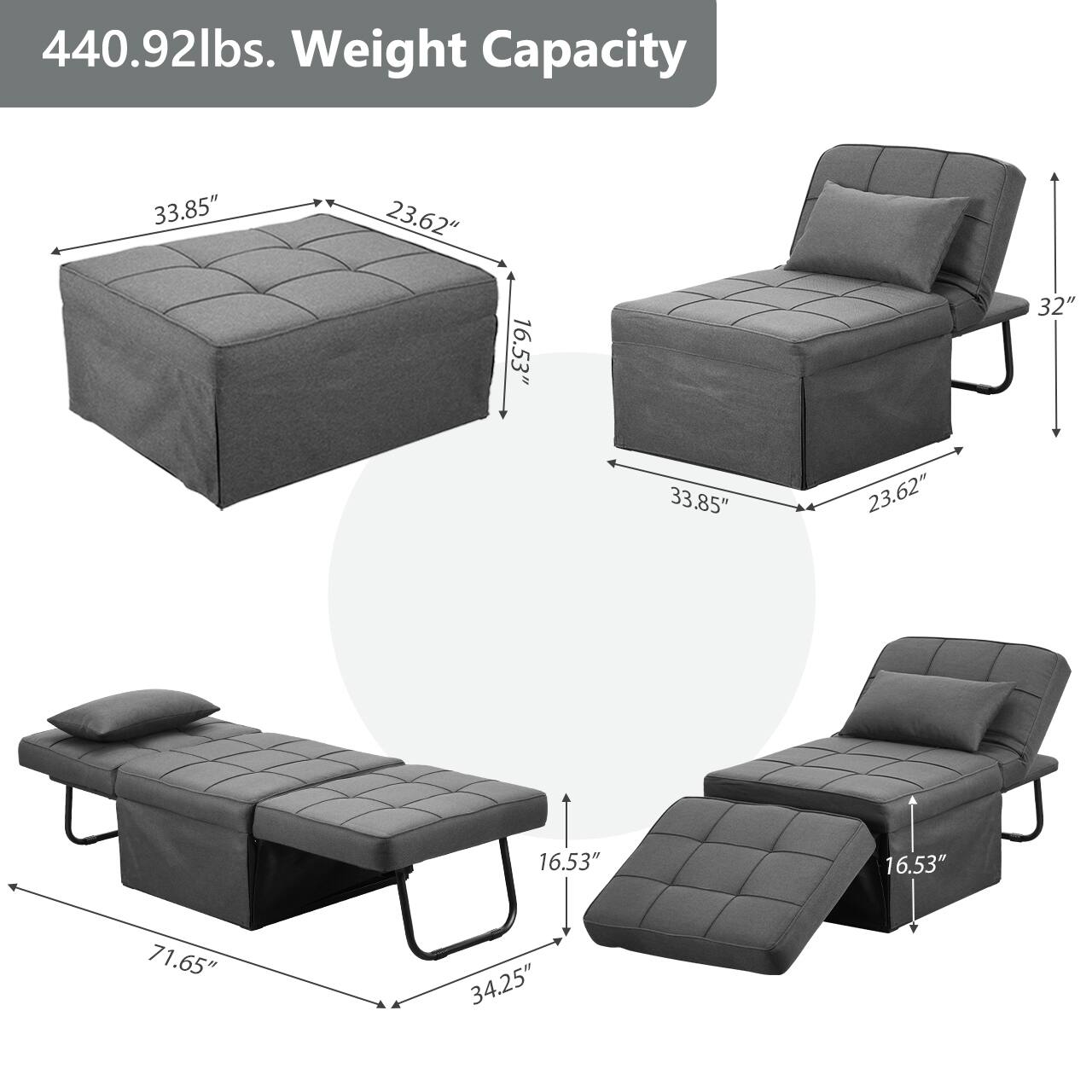 440.92lbs. Weight Capacity

33.85" x 23.62" x 16.53"  
32"  
71.65" x 34.25"