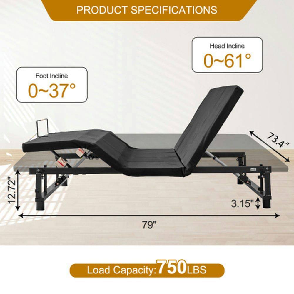 PRODUCT SPECIFICATIONS

Foot Incline: 0~37°  
Head Incline: 0~61°  

Dimensions:  
- Length: 79"  
- Width: 12.72"  
- Height: 73.4"  
- Thickness: 3.15"  

Load Capacity: 750 LBS