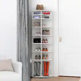 Loheer - 8 tier rotating shoe rack, PVC Round Carousel, Closet Storage Tower - White