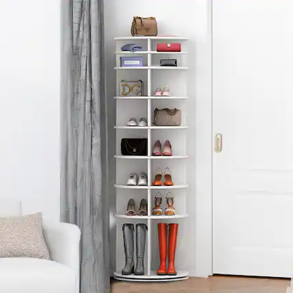 Front. Loheer - Loheer 8 tier rotating shoe rack, White PVC Round Carousel, Closet Storage Tower - White.