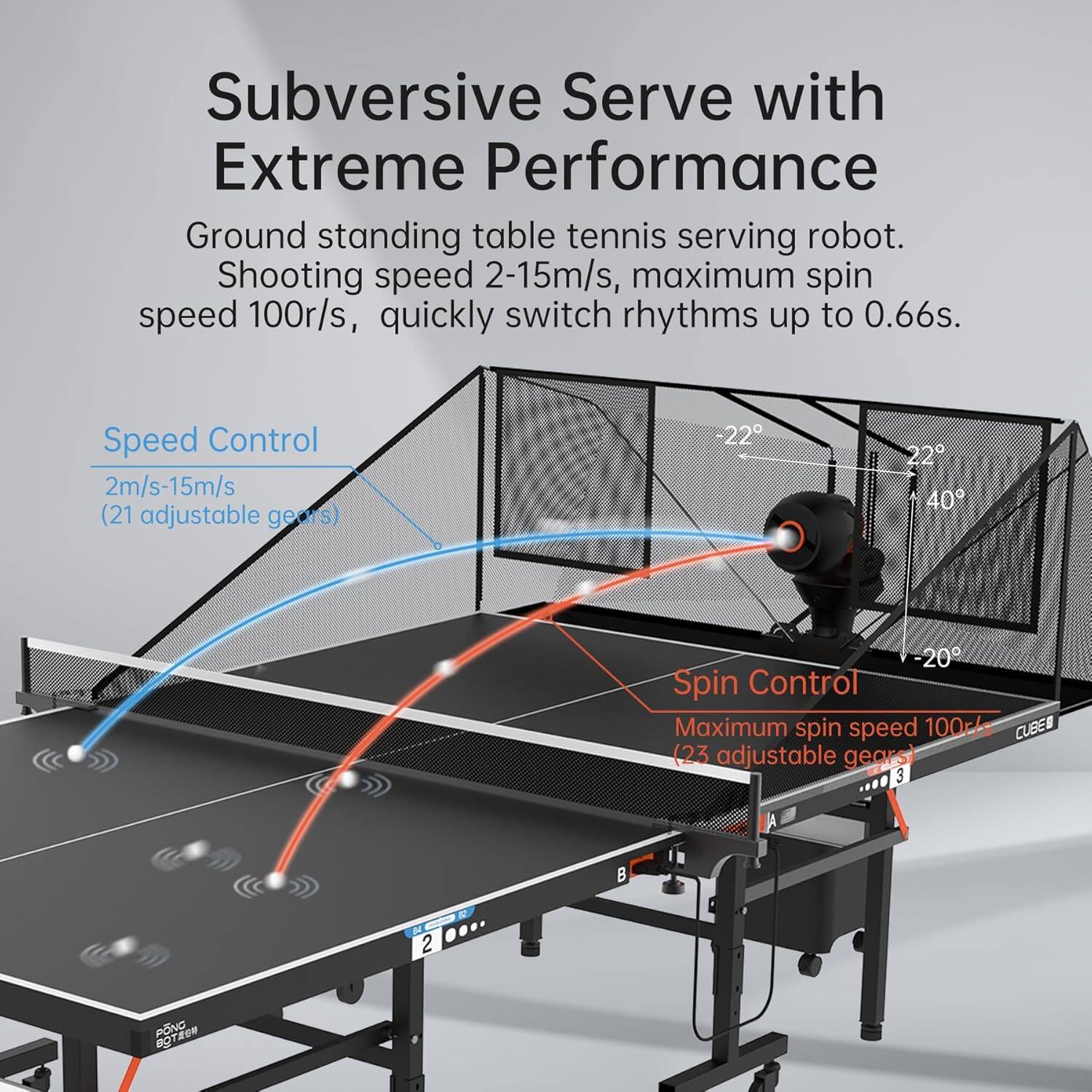Subversive Serve with Extreme Performance

Ground standing table tennis serving robot. Shooting speed 2-15m/s, maximum spin speed 100r/s, quickly switch rhythms up to 0.66s.

Speed Control
2m/s-15m/s (21 adjustable gears)

Spin Control
Maximum spin speed 100r/s (23 adjustable gears)