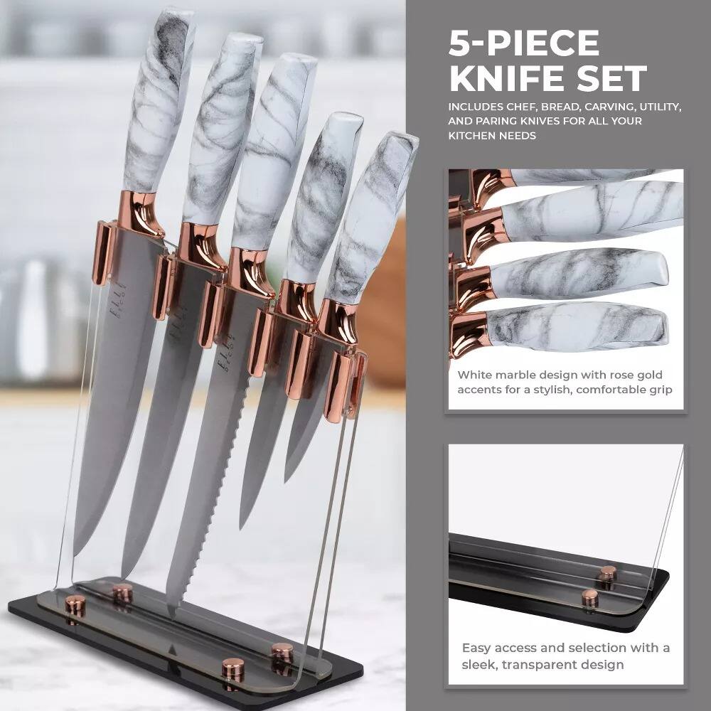 5-PIECE KNIFE SET INCLUDES CHEF, BREAD, CARVING, UTILITY, AND PARSING KNIVES FOR ALL YOUR KITCHEN NEEDS

White marble design with rose gold accents for a stylish, comfortable grip

Easy access and selection with a sleek, transparent design