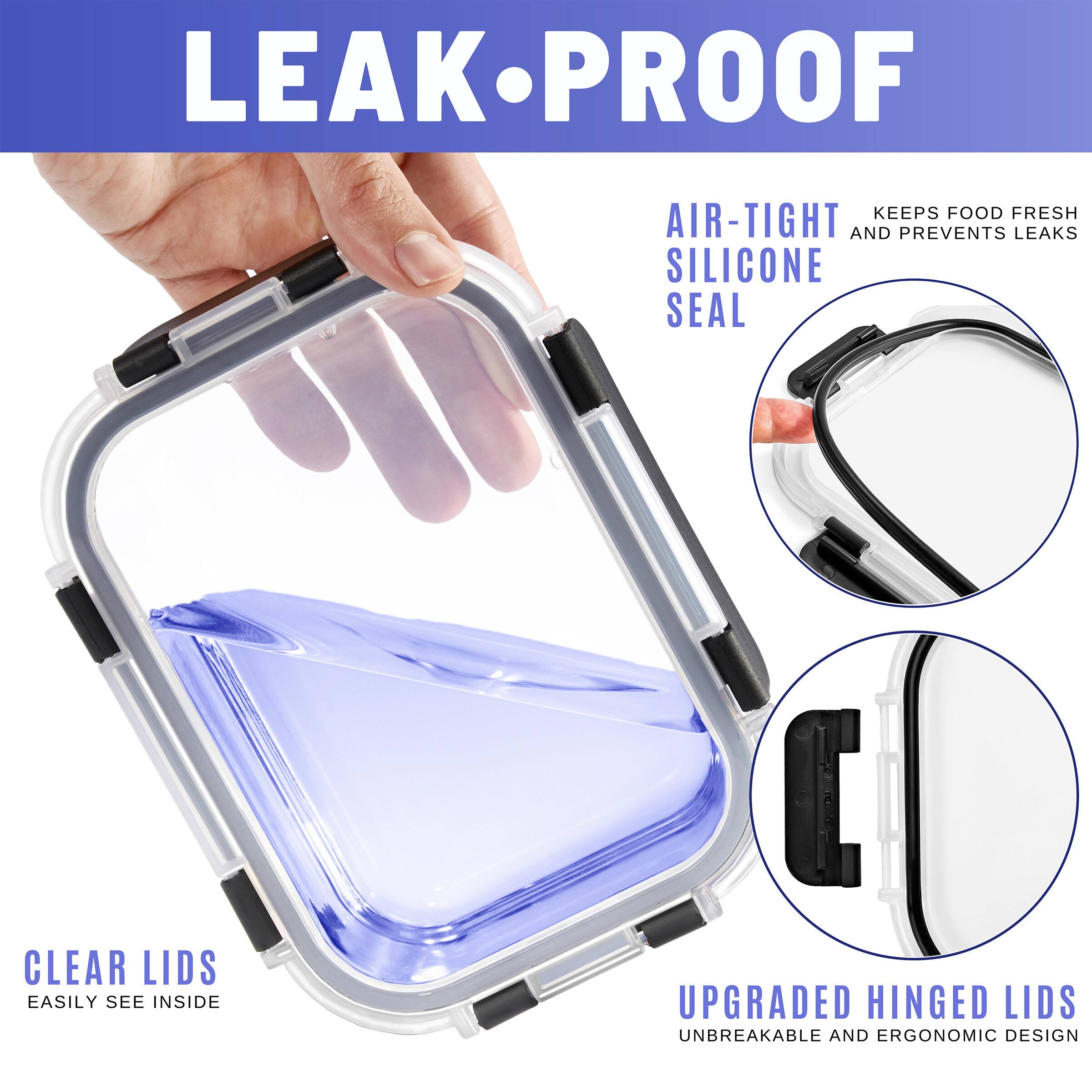 LEAK-PROOF

- AIR-TIGHT SILICONE SEAL
  - KEEPS FOOD FRESH AND PREVENTS LEAKS

- CLEAR LIDS
  - EASILY SEE INSIDE

- UPGRADED HINGED LIDS
  - UNBREAKABLE AND ERGONOMIC DESIGN