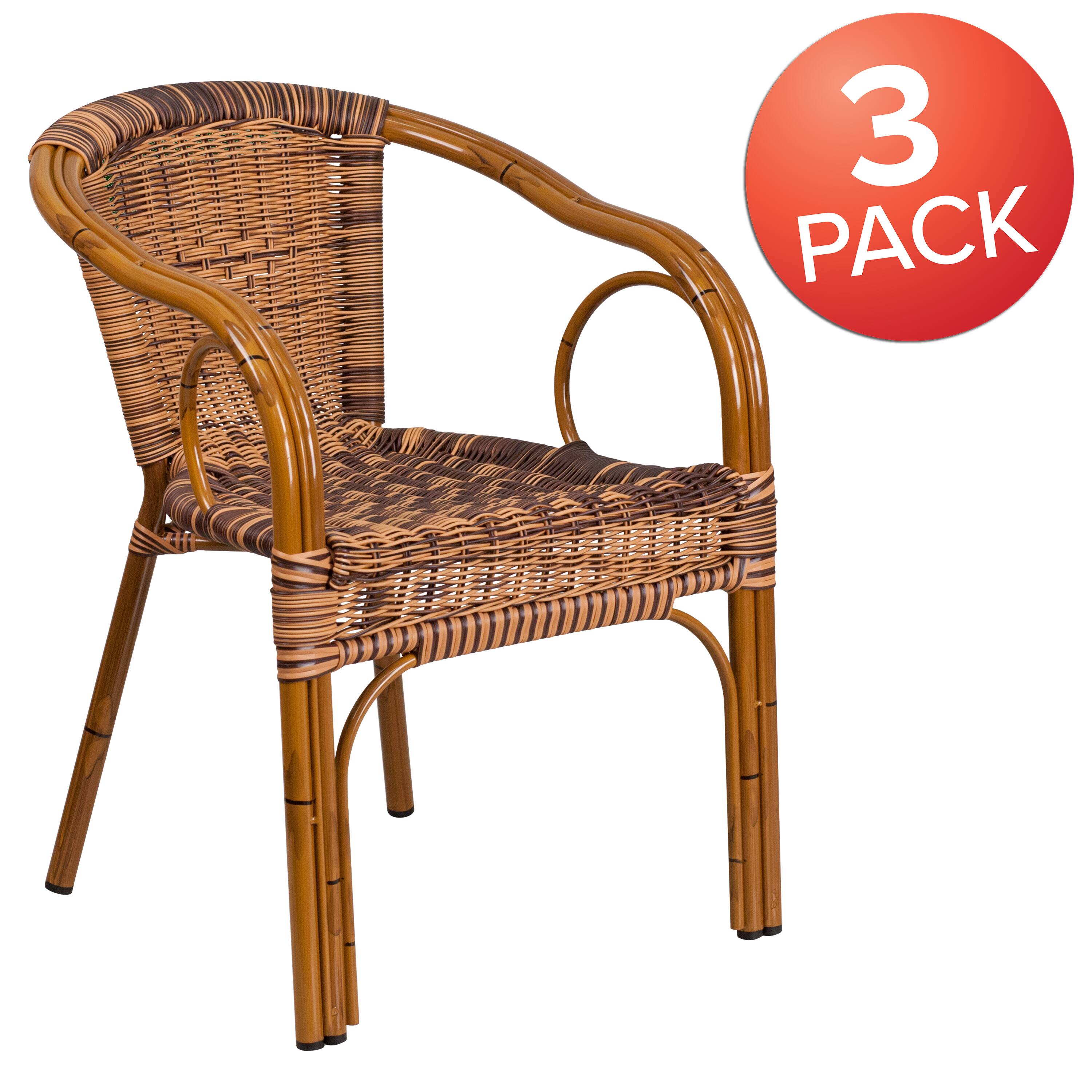Alt View 1. Emma + Oliver - 3 Pack Rattan Restaurant Patio Chair with Bamboo-Aluminum Frame - Burning Brown Rattan/Dark Red Bamboo-Aluminum.