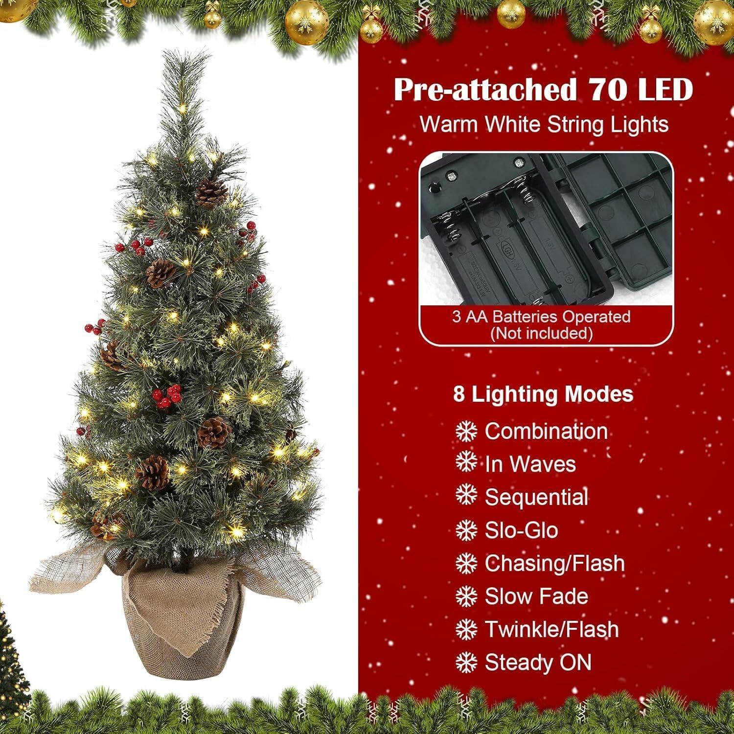 Pre-attached 70 LED Warm White String Lights

3 AA Batteries Operated (Not included)

8 Lighting Modes
- Combination
- In Waves
- Sequential
- Slo-Glo
- Chasing/Flash
- Slow Fade
- Twinkle/Flash
- Steady ON