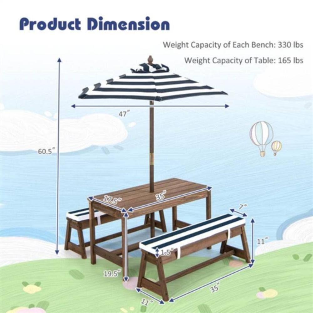 Product Dimension

Weight Capacity of Each Bench: 330 lbs  
Weight Capacity of Table: 165 lbs  

- Table: 47" (width) x 60.5" (length) x 17.5" (height)  
- Bench: 35" (length) x 1.5" (thickness) x 11" (height)  
- Table Height: 19.5"  
- Bench Height: 11"  
- Table Width: 35"