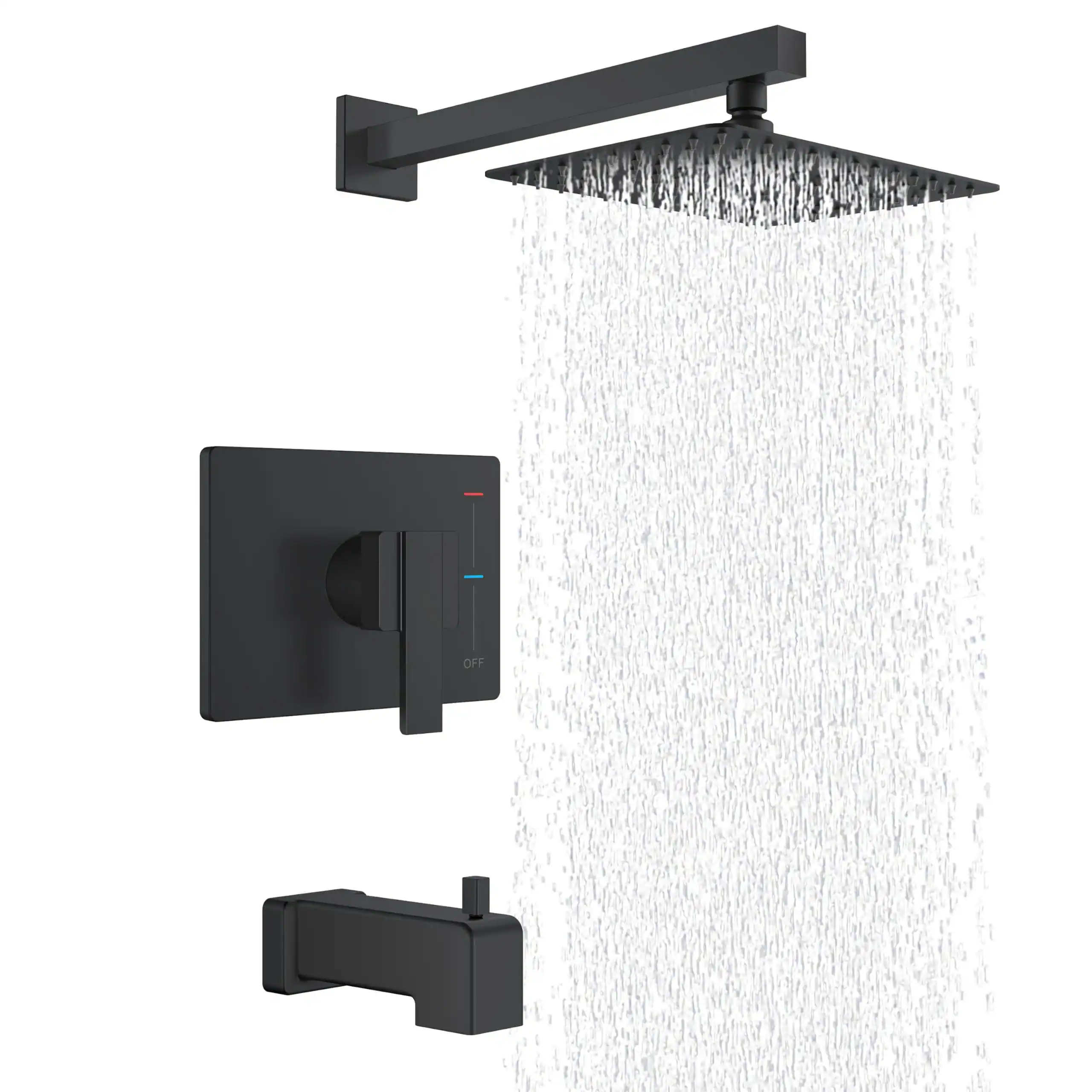 Front. Paradigms Interiors - Modern Shower Faucet Set Tub And Trim Kit With Single spray Head Square Ke 6024a 2 valve Included - Matte Black-Shower Faucet.