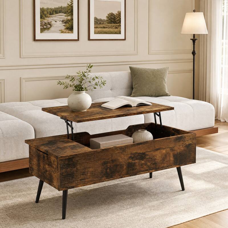 Angle. WELLFOR - 47"  Lift Top Coffee Table with 2 Hidden Compartments, Center Table Cocktail Tea Table for Living Room - Brown.