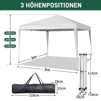 3 Höhenpositionen
255cm
245cm
235cm
3m
3m
113cm
19cm
22cm
119cm
18cm
18cm