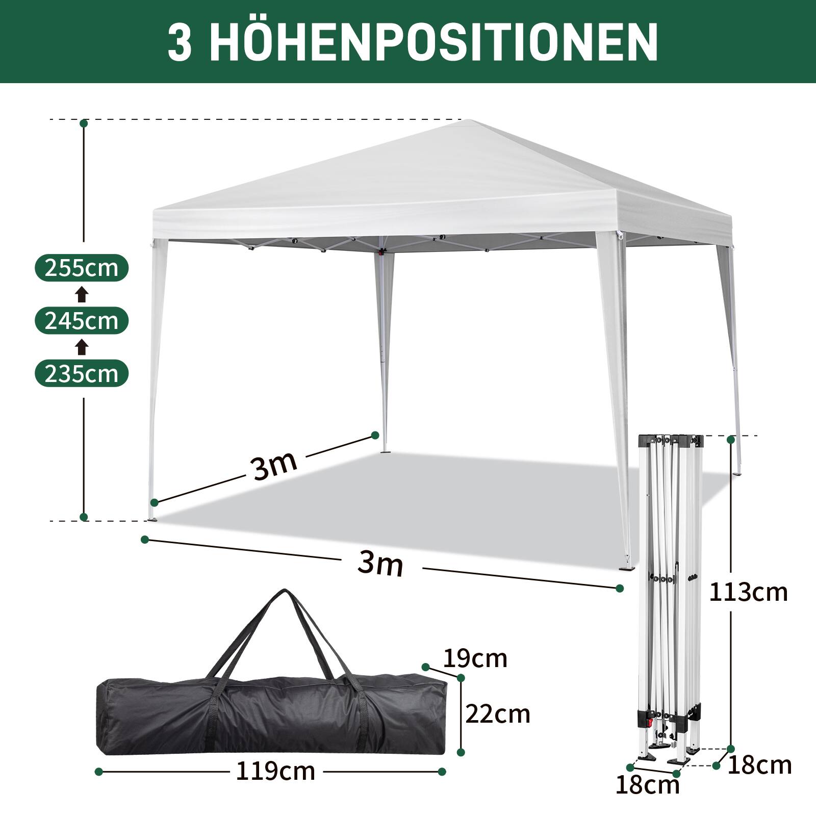 3 Höhenpositionen  
255cm  
245cm  
235cm  
3m  
3m  
113cm  
19cm  
22cm  
119cm  
18cm  
18cm