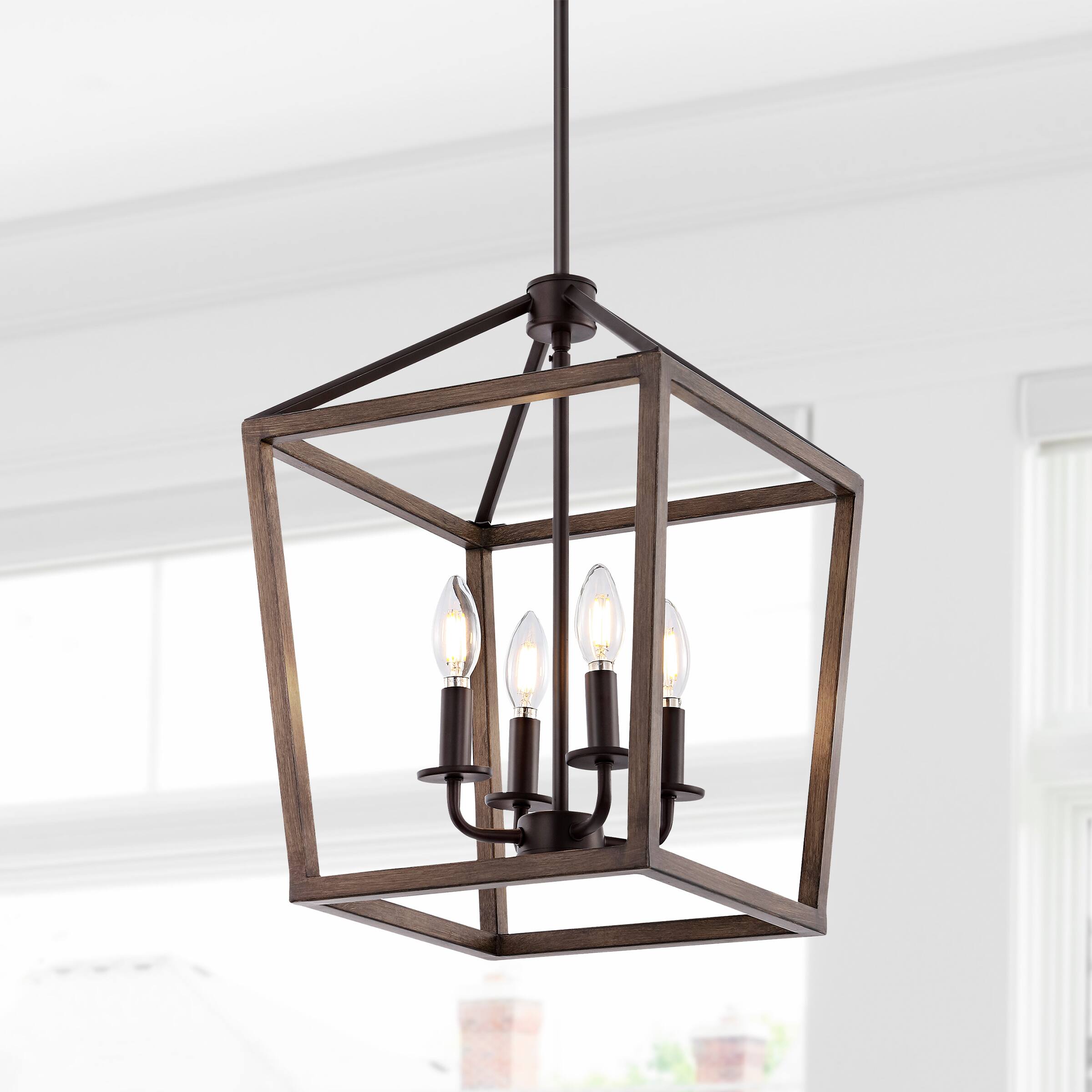 Alt View 1. Jonathan Y - Oria 13" 4-Light Iron Farmhouse Industrial Lantern LED Pendant, Oil Rubbed Bronze/Faux Wood - Oil Rubbed Bronze.