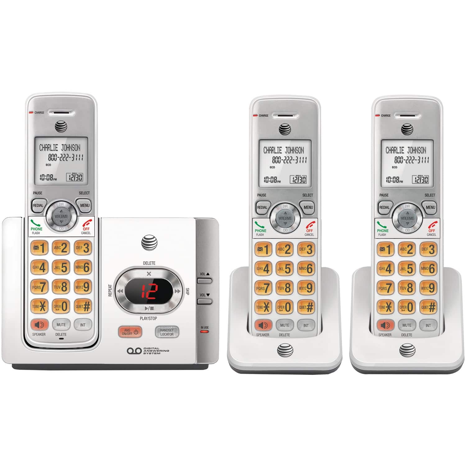 AT&T - DECT 6.0 Expandable Cordless Phone System, Digital Answering, Caller ID, Call Waiting, Large Buttons, 3 Handsets - White