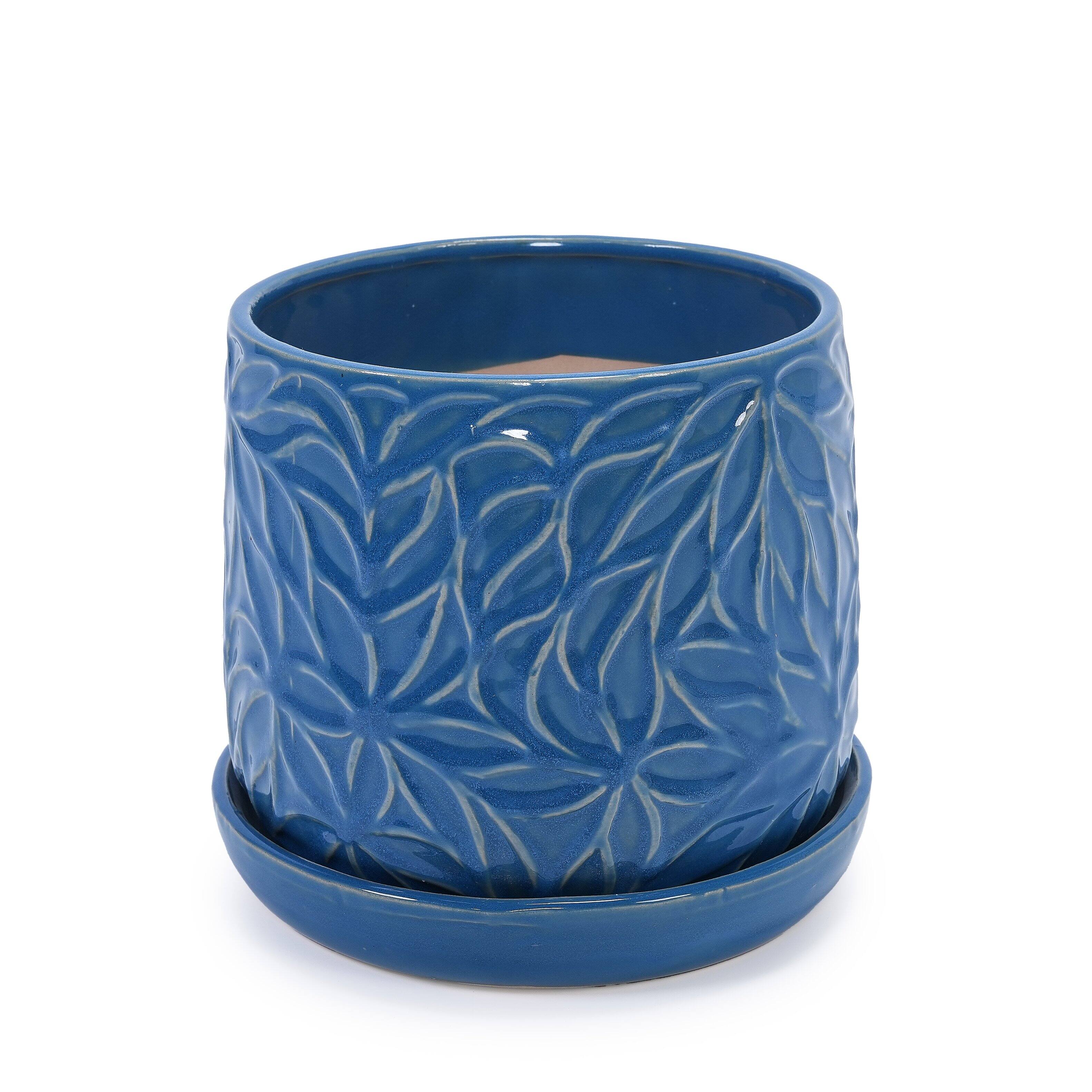 Alt View 9. Loheer - Ceramic Planter Set Loheer Handmade Blue Plant Pots with Saucers, Leaf Pattern, 6in and 8in for Succulents Herbs.