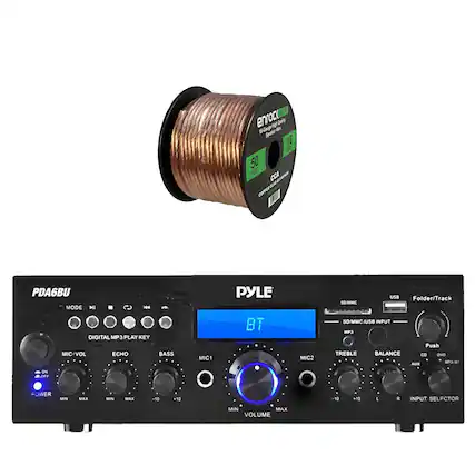 ALDO enroct Hpt 16-Gauge Wire 50 FEET CCA w c PDA6BU MODE HI C - DIGITAL MP3 PLAY KEY MIC/VOL ECHO - BASS MIC1 PYLE BT MIC2 USB Folder/Track SD/MMC SD/MMC /USB INPUT MP3 Push TREBLE BALANCE CD DVD MPS n AUX ON LOFF WER MIN MAX MIN MAX -50 10 10 +10 L R INPUT SELFCTOR MIN MAX VOLUME