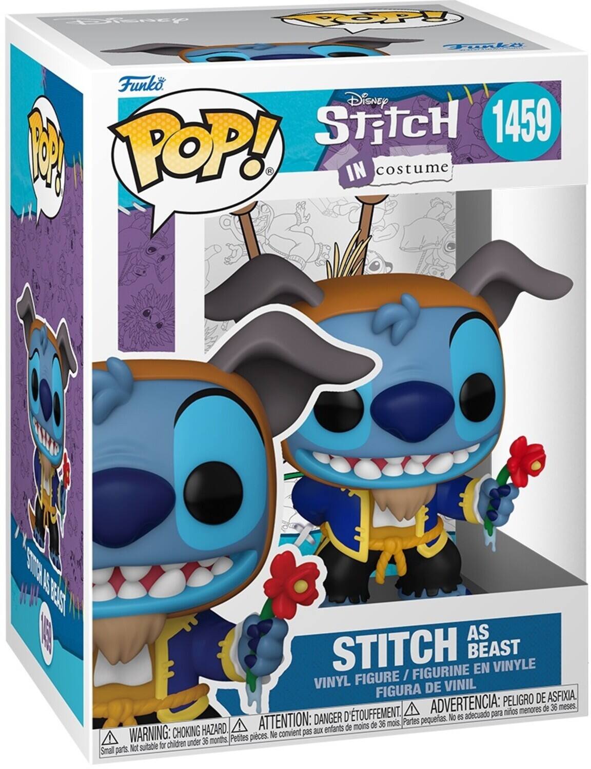 Sure, here is the corrected and grouped text from the image:

---

**Top Left:**
- Funko POP!
- Stitch as Beast 1459

**Top Center:**
- Disney Stitch in costume 1459

**Bottom Center:**
- Stitch as Beast
- VINYL FIGURE / FIGURINE EN VINYLE
- FIGURA DE VINIL

**Bottom Right:**
- WARNING: CHOKING HAZARD. Small parts. Not suitable for children under 36 months.
- ATTENTION: DANGER D'ÉTOUFFEMENT. Petites pièces. Ne convient pas aux enfants de moins de 36 mois.
- ADVERTENCIA: PELIGRO DE ASFIXIA. Partes pequeñas. No es adecuado para niños menores de 36 meses.

**Bottom Left:**
- WARNING: CHOKING HAZARD. Small parts. Not suitable for children under 36 months.
- ATTENTION: DANGER D'ÉTOUFFEMENT. Petites pièces. Ne convient pas aux enfants de moins de 36 mois.
- ADVERTENCIA: PELIGRO DE ASFIXIA. Partes pequeñas. No